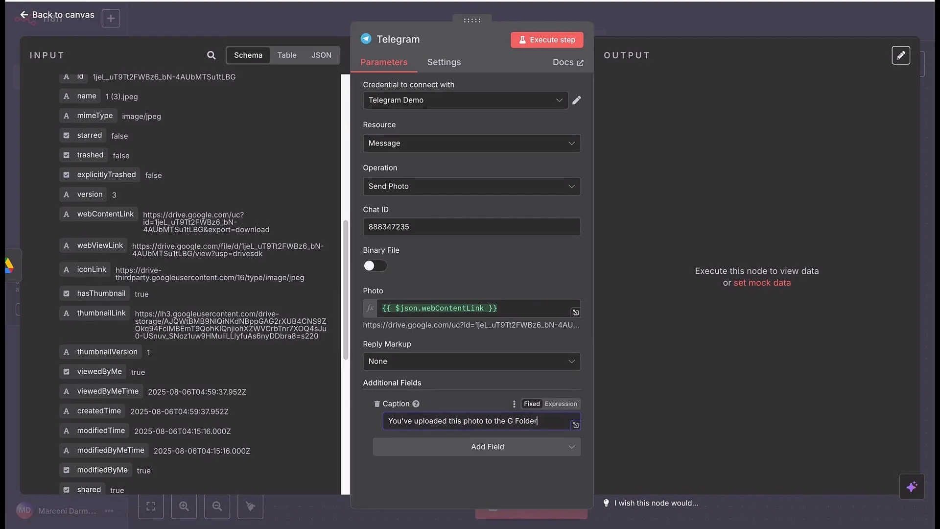 The image shows a software interface for configuring a Telegram API operation to send a photo, including input fields, settings, and JSON data.