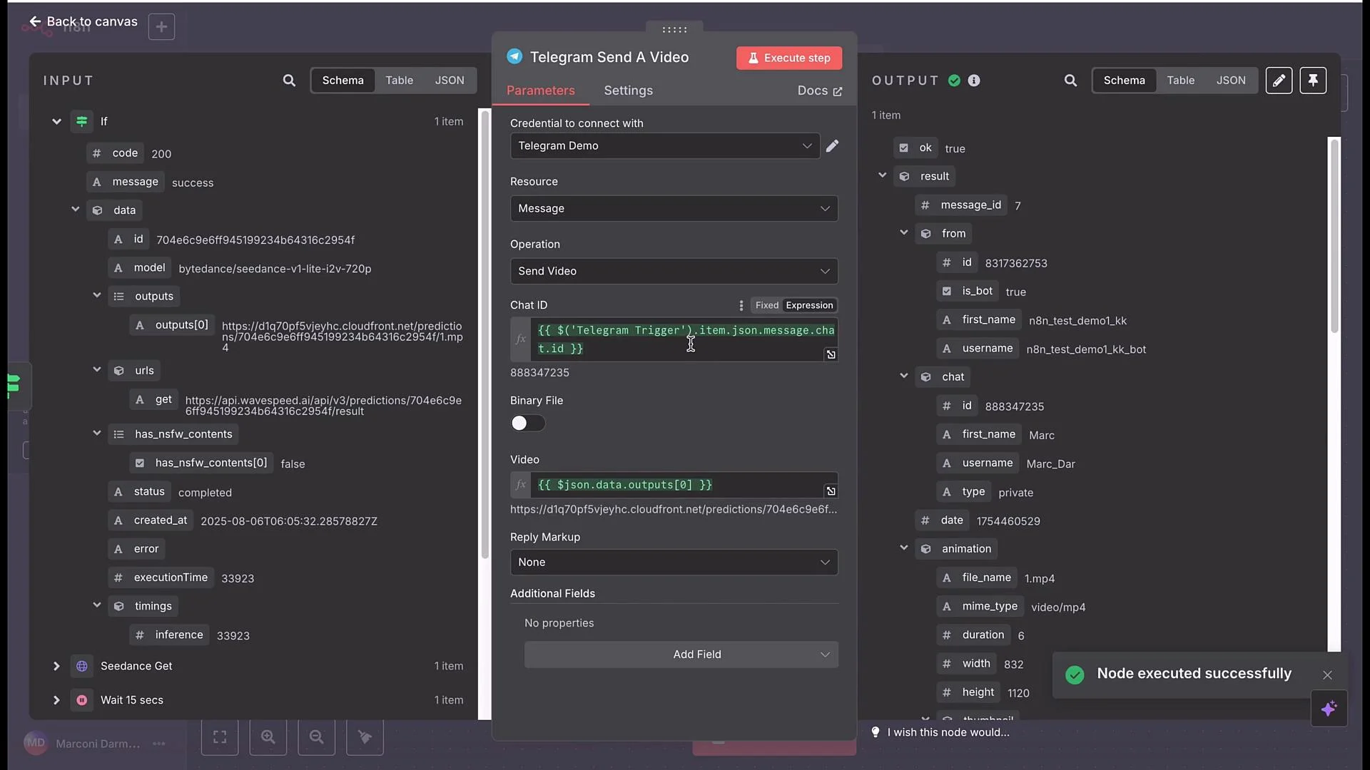 The image displays a workflow interface involving a Telegram bot operation to send a video, with JSON input and output data panels shown for configuring and executing the process.