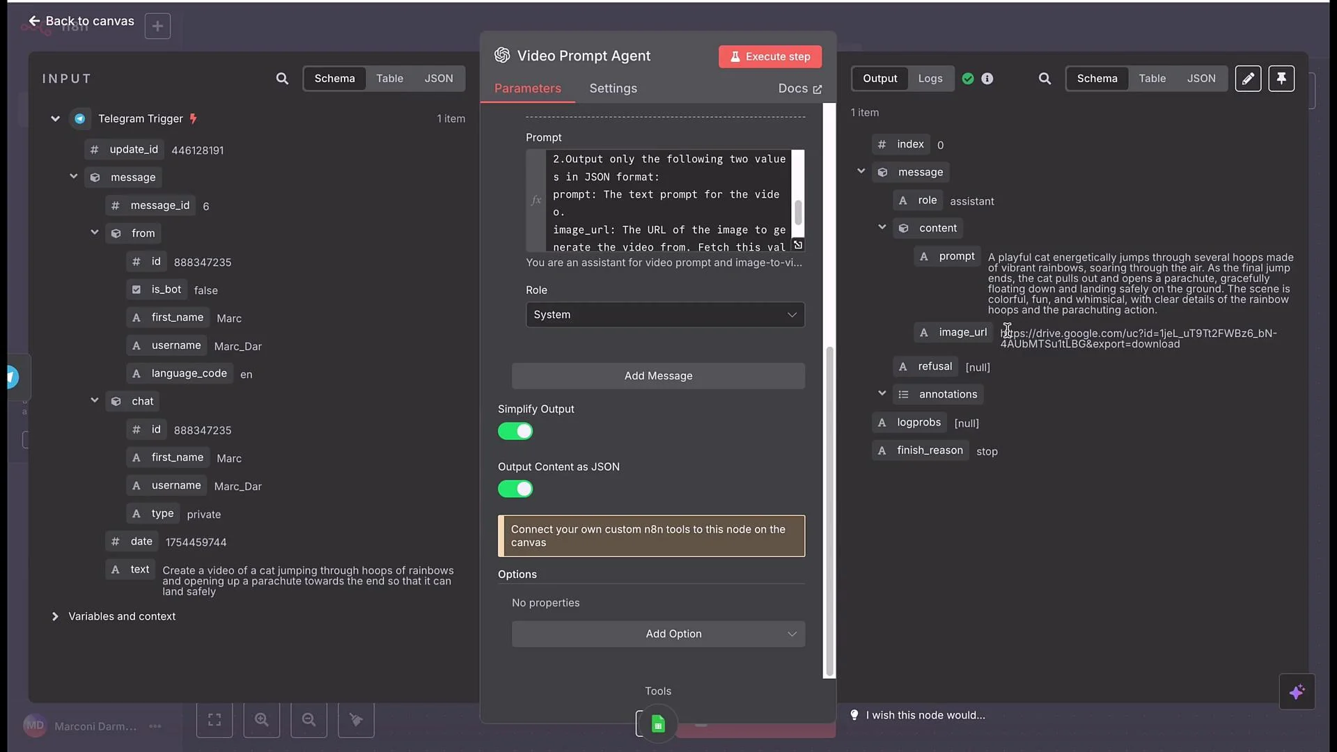 The image shows a user interface for a video prompt agent with input from a Telegram trigger, displaying JSON data and a text prompt regarding a playful scene with a cat.