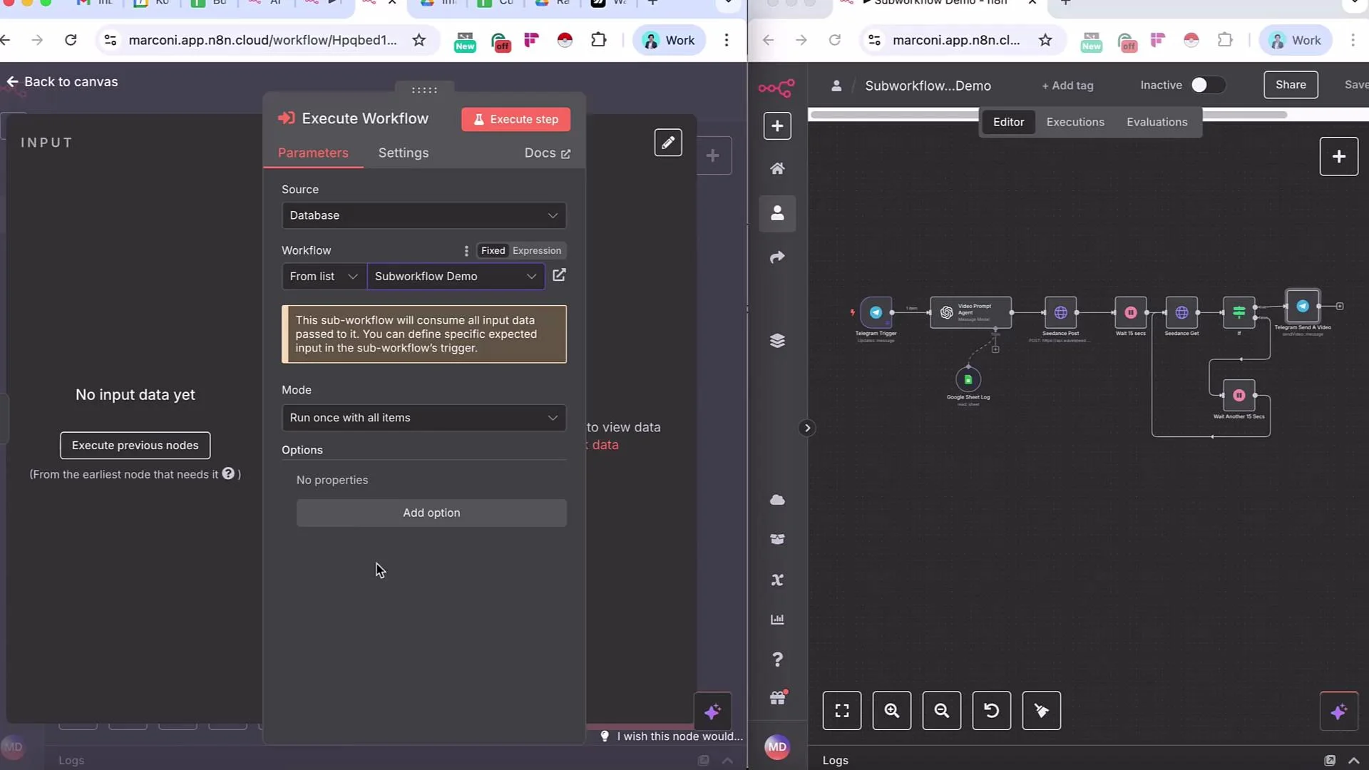 The image shows a workflow interface from a platform called n8n, with one side displaying the settings for executing a workflow and the other side showing a visual representation of a "Subworkflow Demo" with various connected nodes.