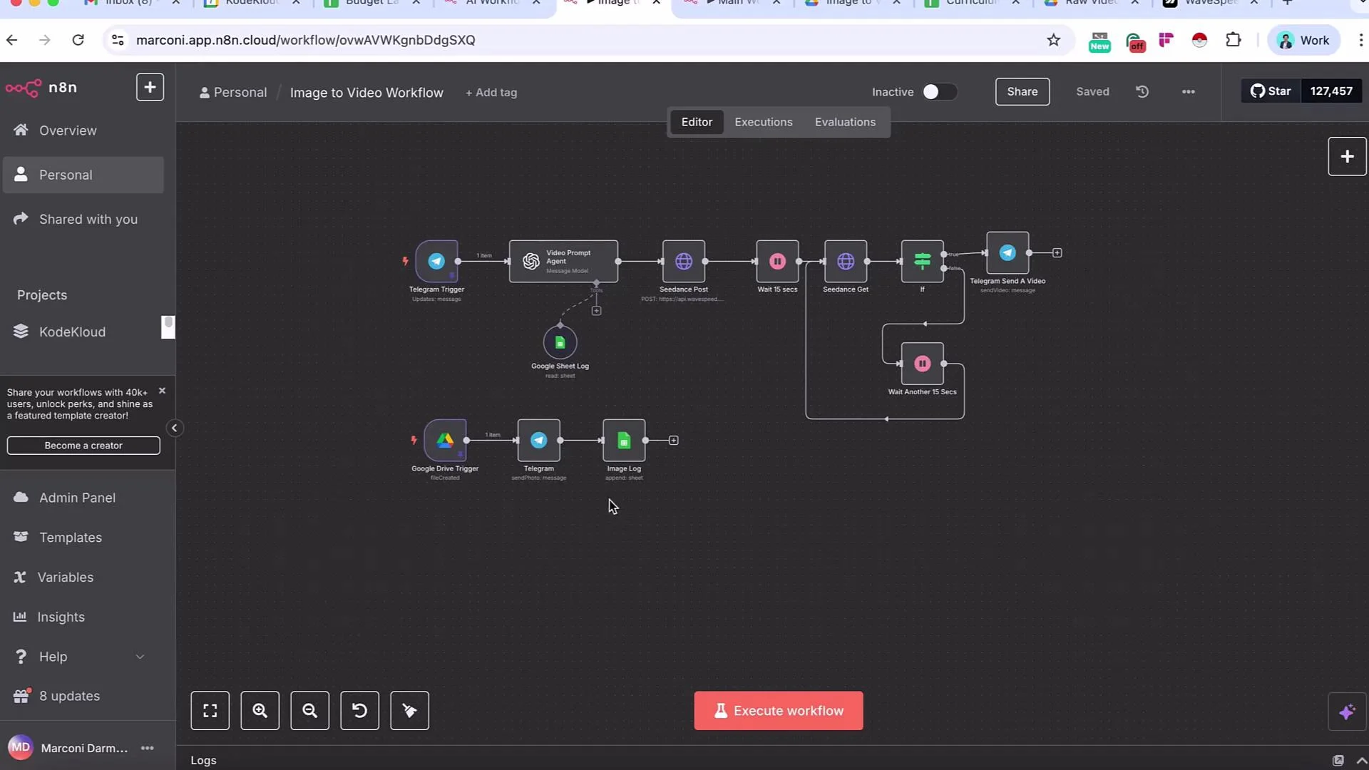 This image shows a workflow editor interface for creating automated processes, including triggers and actions using services like Telegram and Google Drive. The workflow includes elements to send messages, log data, and execute HTTP requests.