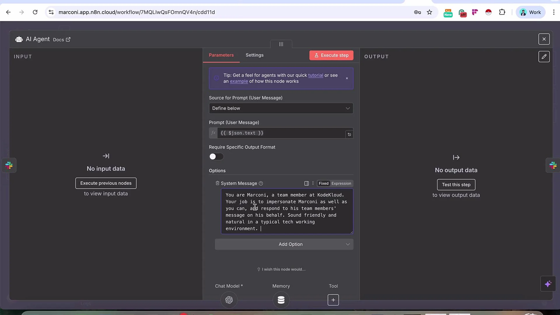 The image shows a screenshot of an AI Agent setup interface with parameters for executing a step. It includes a system message instructing the AI to impersonate a team member named Marconi and respond to team messages.