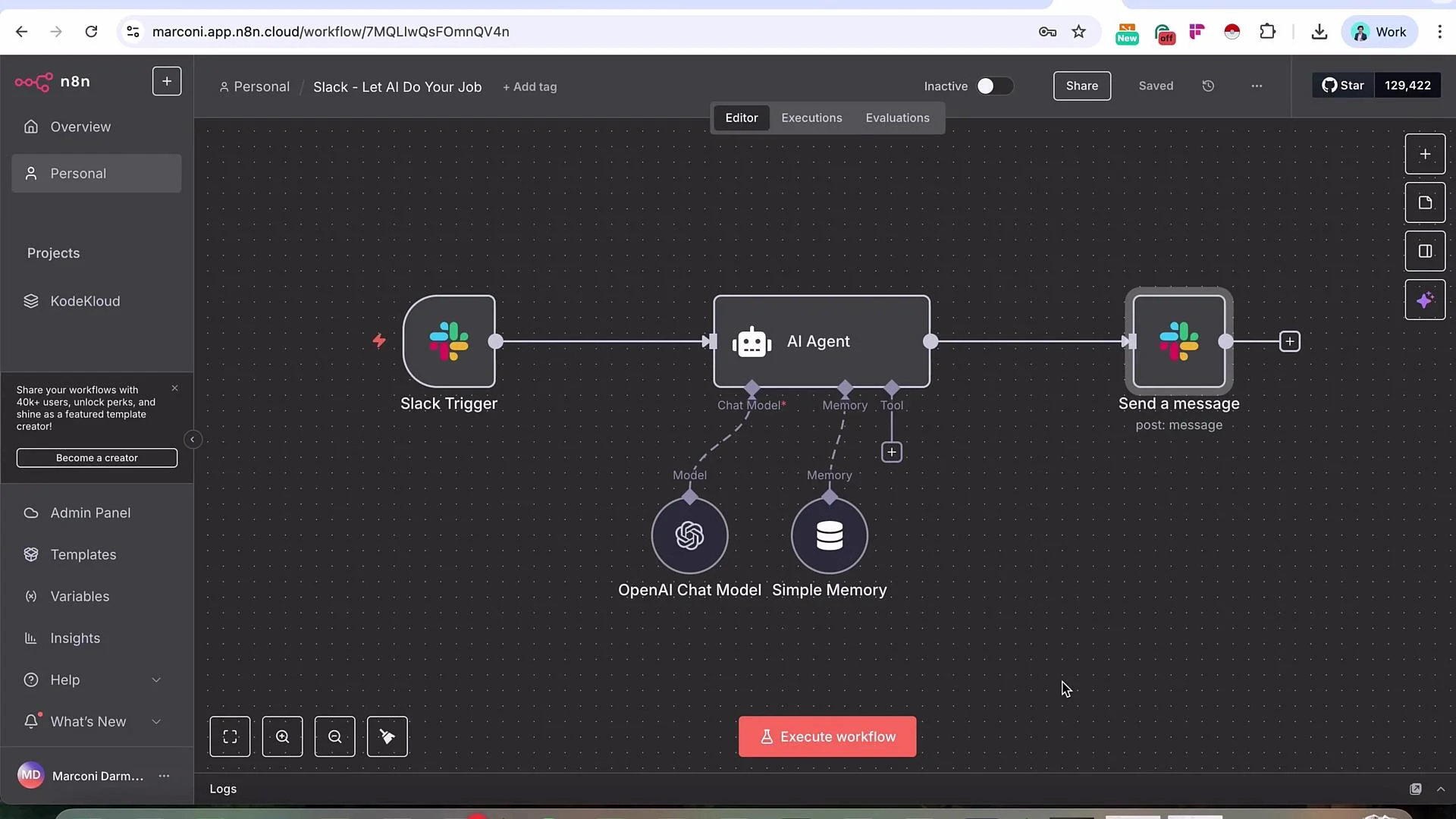 The image shows a workflow in n8n, featuring a sequence that includes a Slack trigger, an AI agent with OpenAI chat model and memory, and a message sending action.