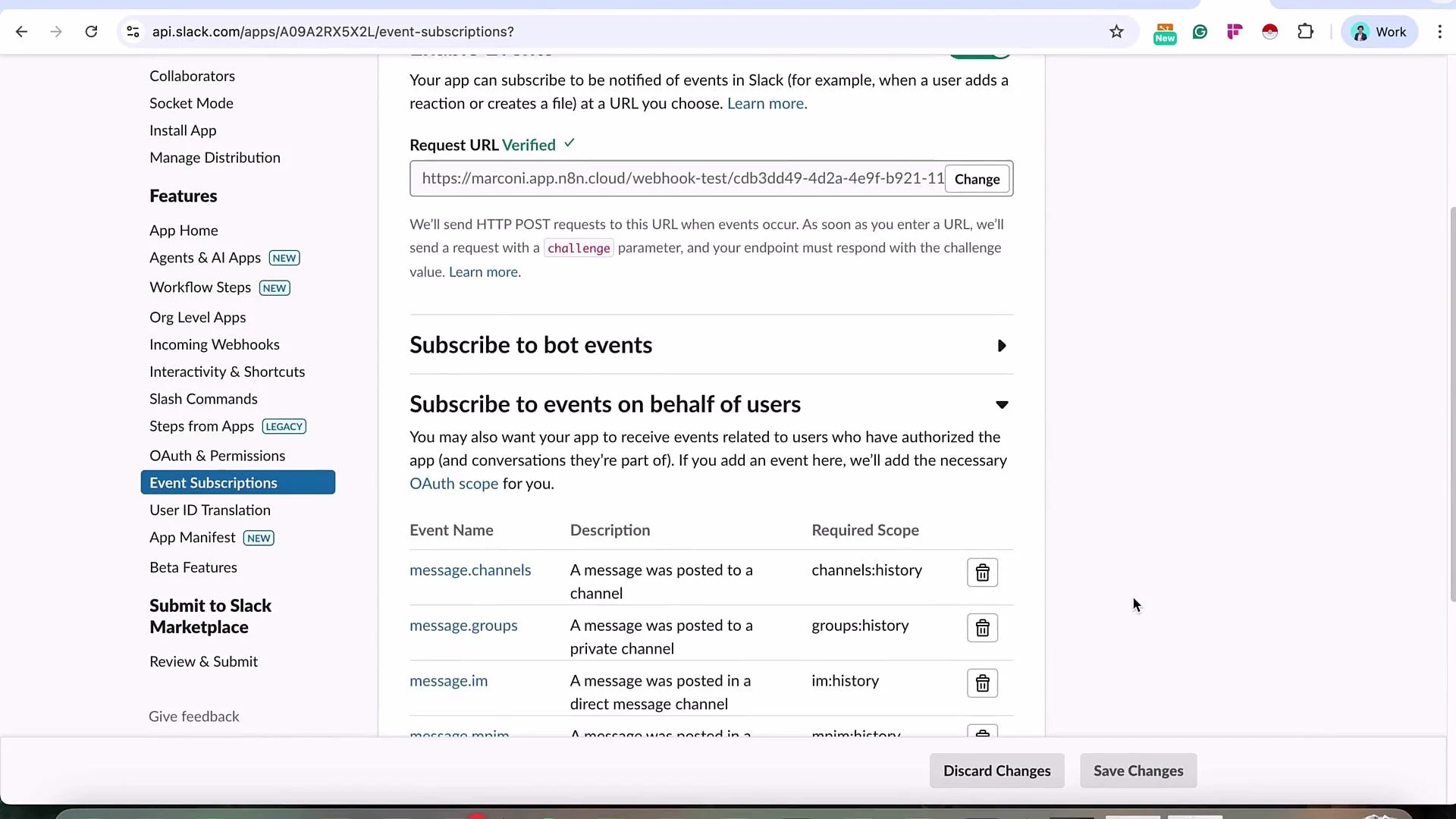 The image shows a Slack API settings page for event subscriptions, detailing options to subscribe to bot events and events on behalf of users, along with required scopes for specific events.