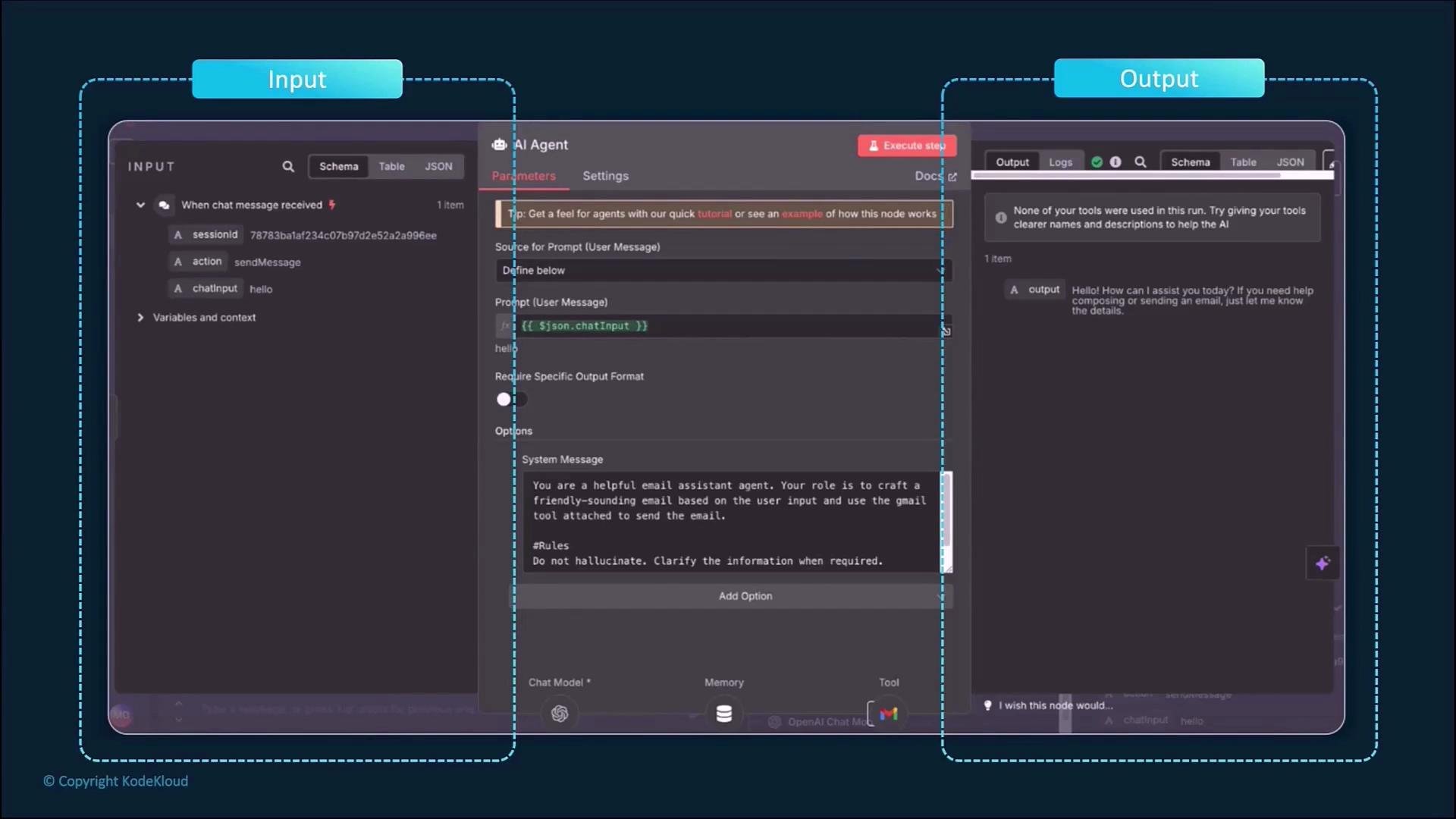 The image shows a split-screen interface for an AI chat application, illustrating an input message being processed and an output response generated in response. It includes sections for input variables, AI agent settings, and the resulting message output.