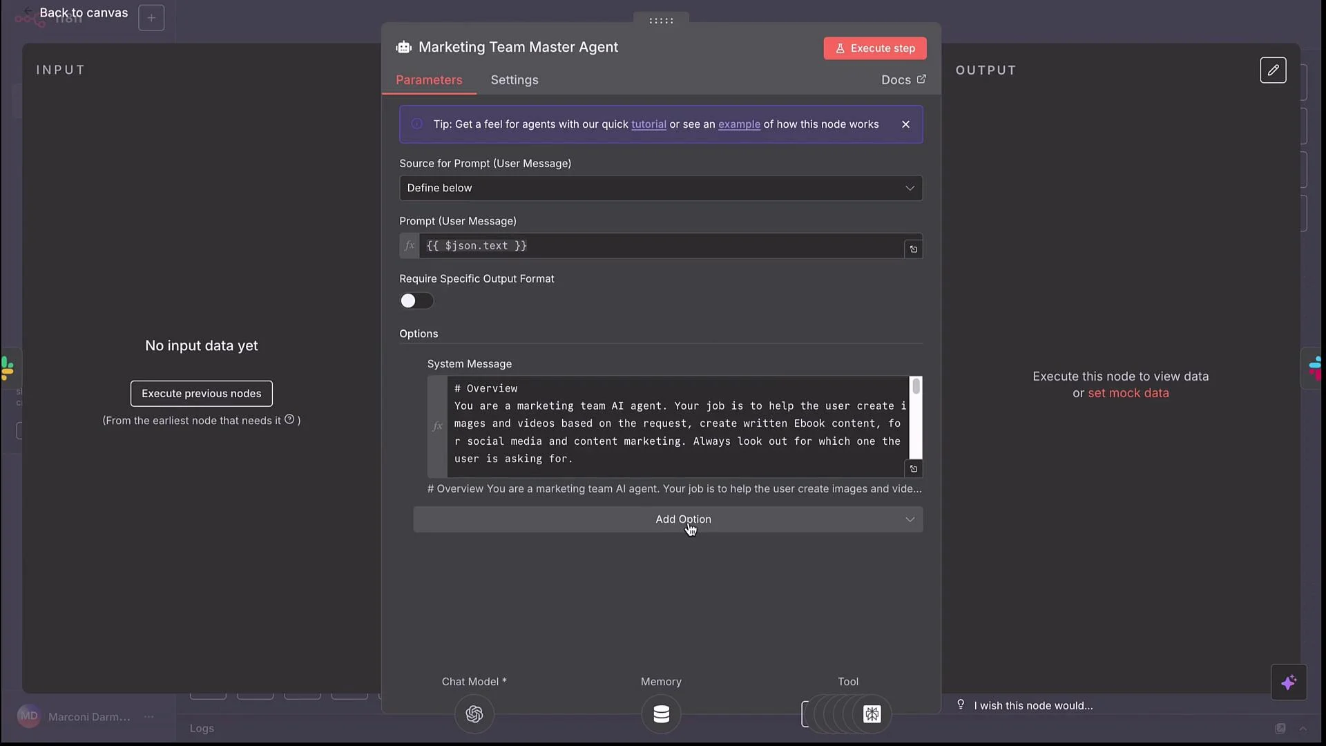 This image shows a software interface for a "Marketing Team Master Agent" with parameters and system messages for creating marketing content. The interface includes options for executing nodes and setting mock data.