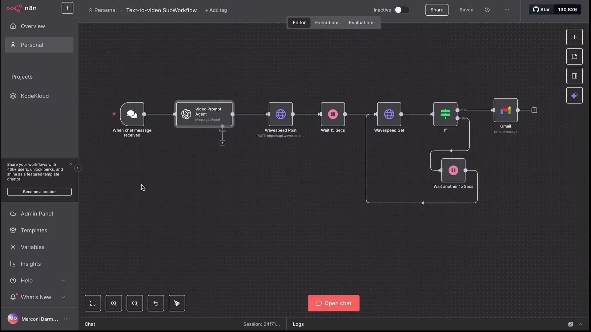The image depicts a workflow setup in n8n, showing a series of connected nodes for automating tasks like receiving messages, video prompting, making HTTP requests, waiting, and sending emails. The interface includes options for execution, evaluation, and navigation.