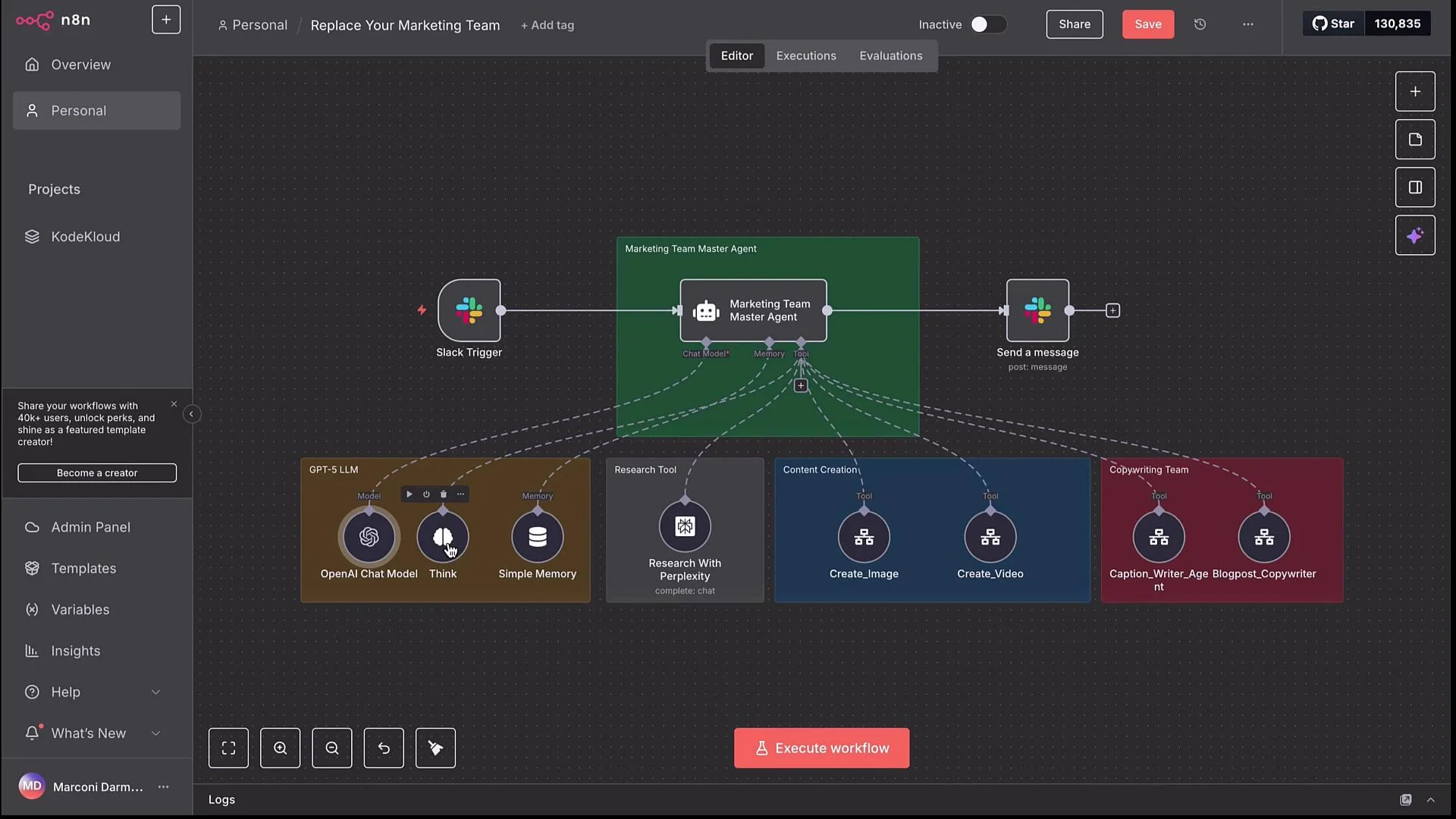 The image shows a workflow diagram in n8n, involving various tools and triggers for automating marketing tasks, including Slack integration, GPT-5 LLM operations, research, content creation, and copywriting. The interface includes controls for editing, executing, and evaluating workflows.
