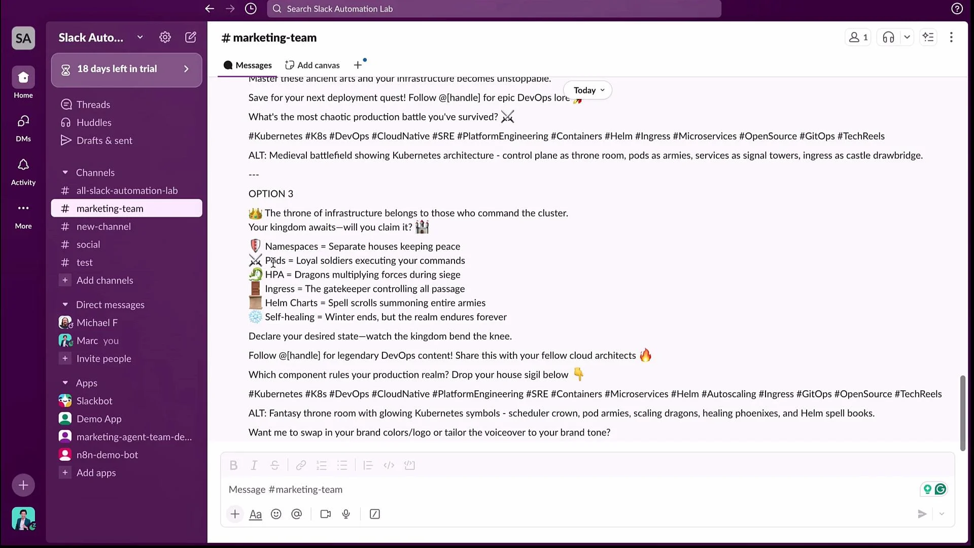 The image is a screenshot of a Slack channel named "#marketing-team" where there is a message with a medieval-themed analogy for Kubernetes infrastructure, comparing various components to elements of a kingdom.