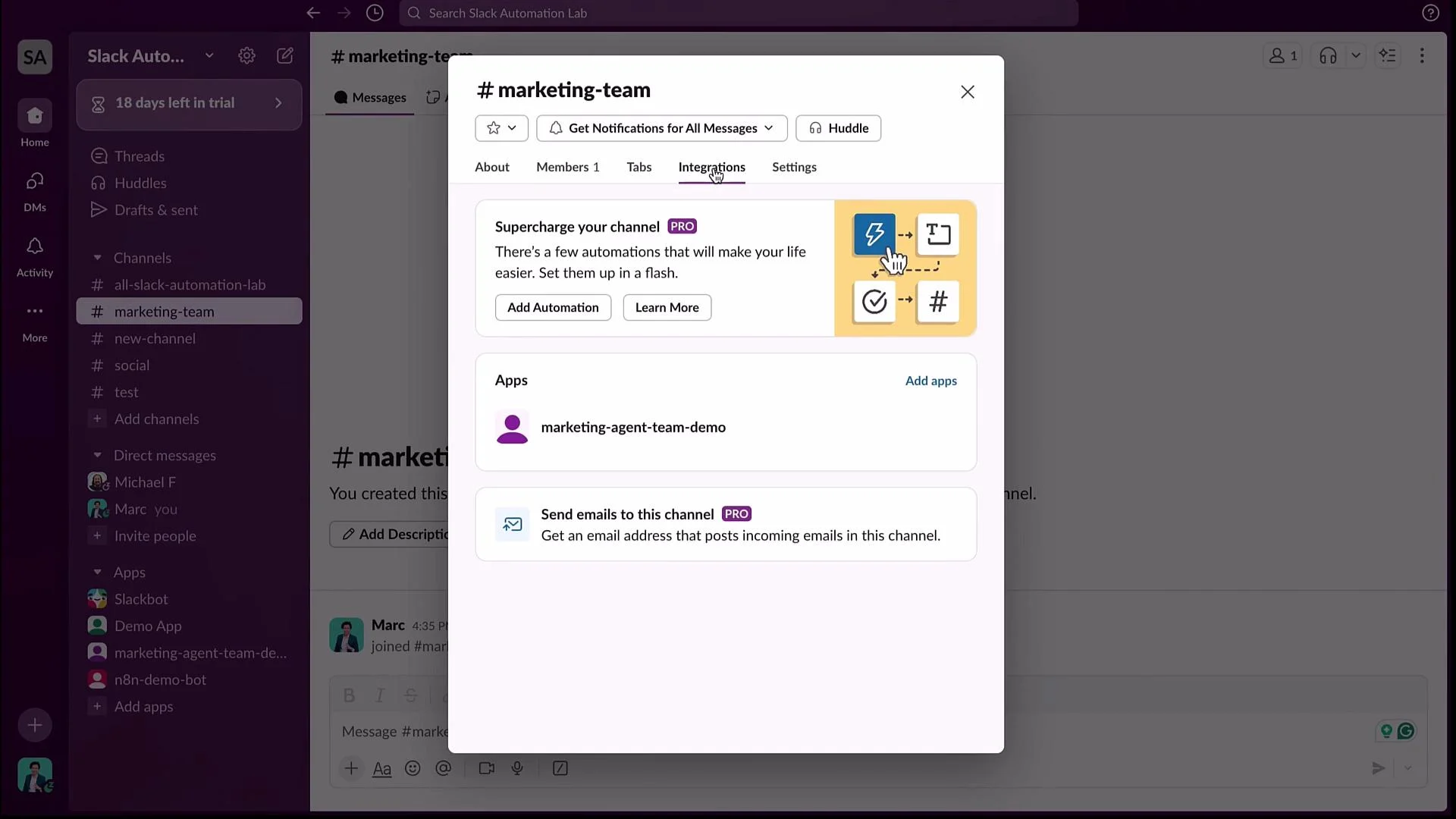 The image shows a Slack interface with the "Integrations" tab open in the #marketing-team channel, displaying options for adding automation and apps.