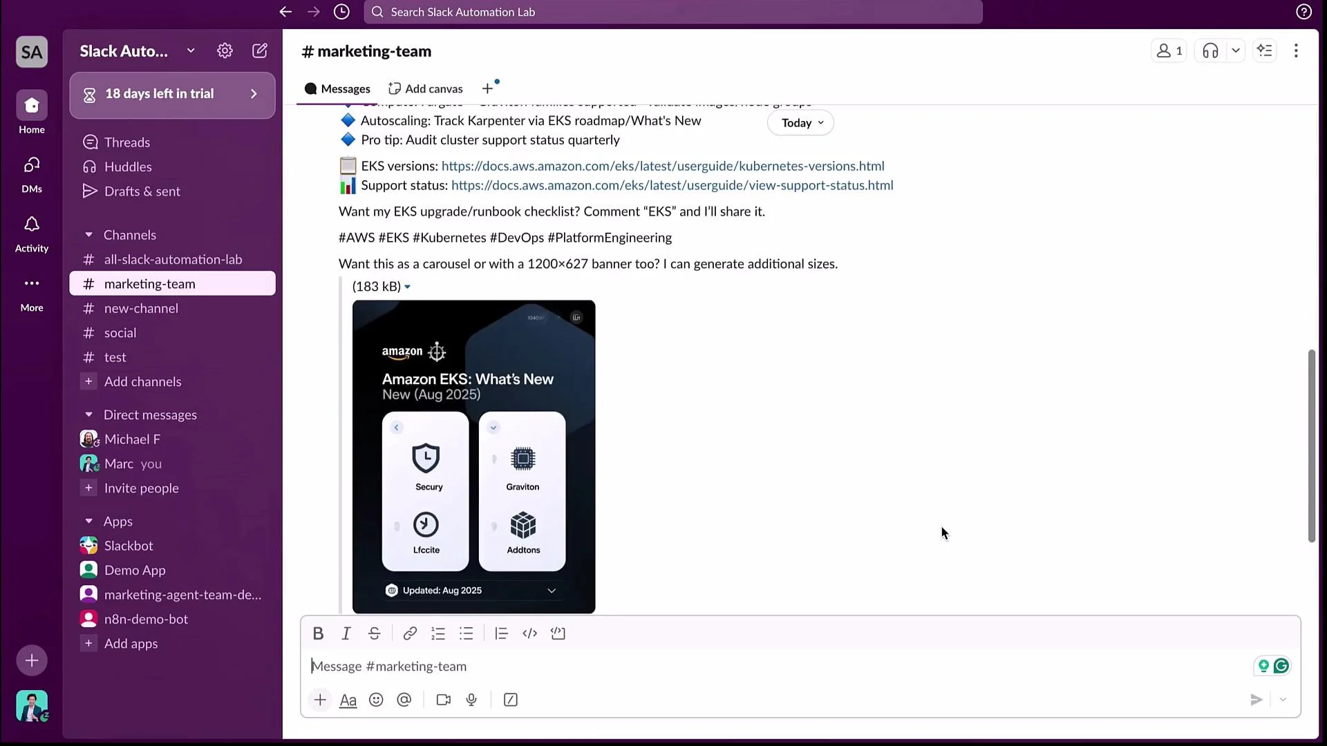 The image shows a Slack channel named "#marketing-team" with a message discussing AWS EKS features, including an image preview about "Amazon EKS: What's New."