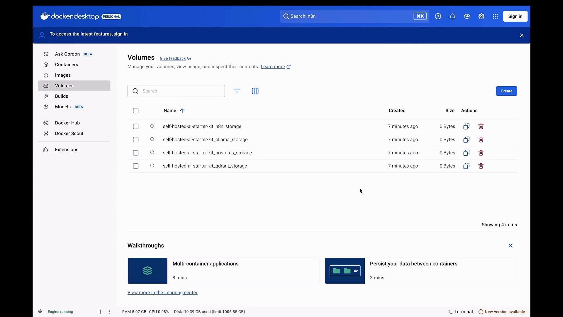 The image shows the Docker Desktop interface, focused on the "Volumes" section, displaying a list of available self-hosted AI starter kit storage volumes with options to manage them. There is also a section for walkthroughs at the bottom of the screen.