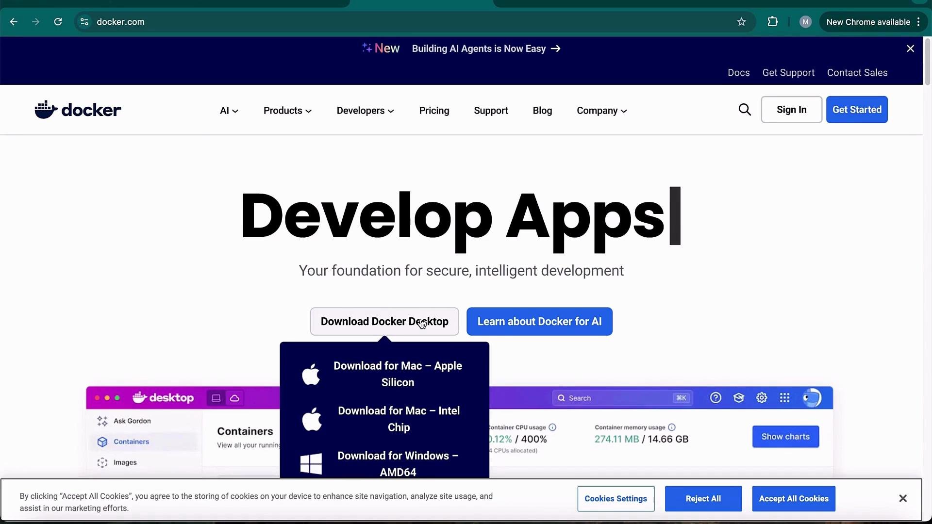 The image shows the Docker website with an emphasis on downloading Docker Desktop for different platforms, including Mac (Apple Silicon and Intel) and Windows (AMD64). It also includes navigation options and a banner about building AI agents.