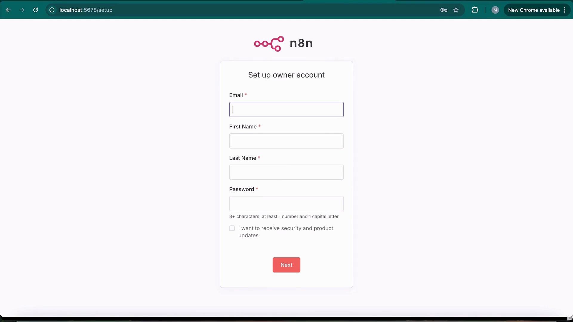 The image shows a web page with a form for setting up an owner account, requiring email, first name, last name, and password. There is also an option to receive security and product updates.