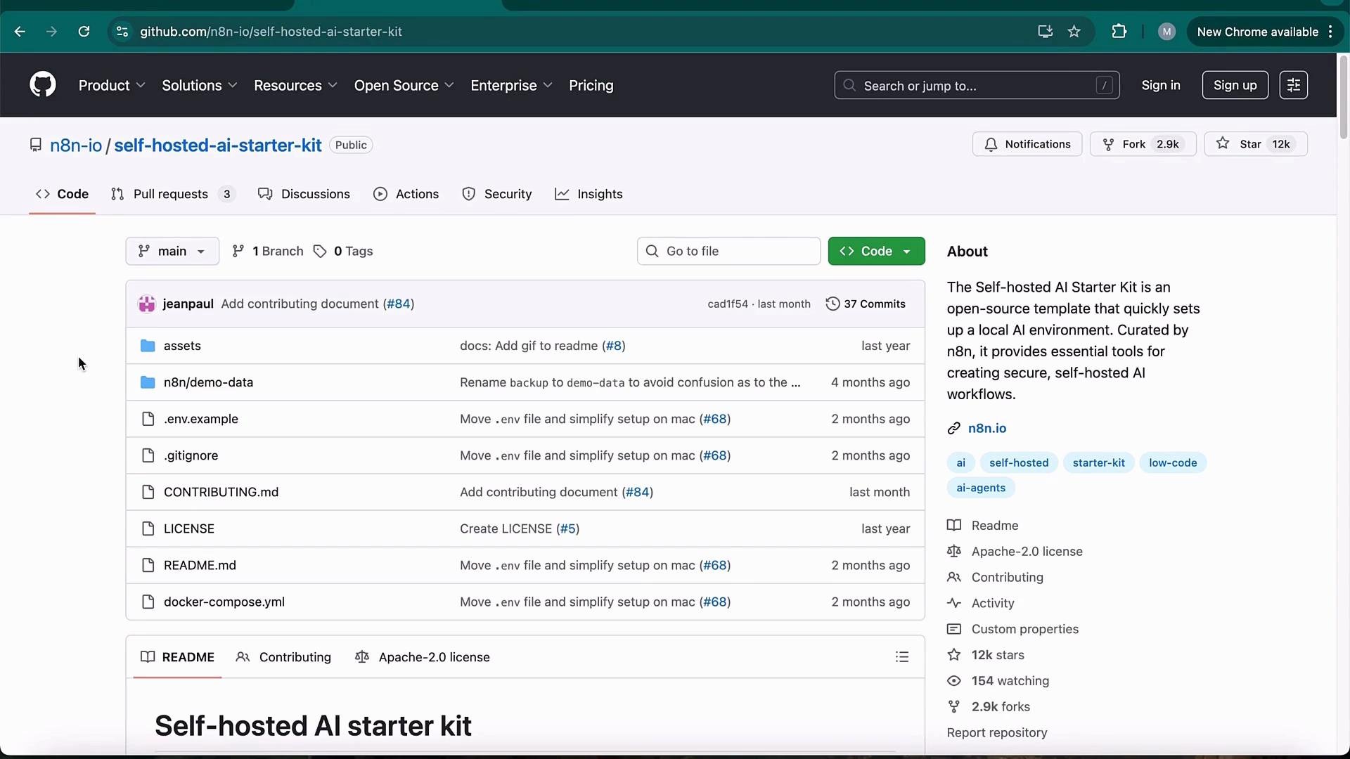 The image shows a GitHub repository for a "Self-hosted AI Starter Kit" by n8n, featuring various files and an overview of the project's purpose. It includes sections for code, pull requests, discussions, and other repository details.