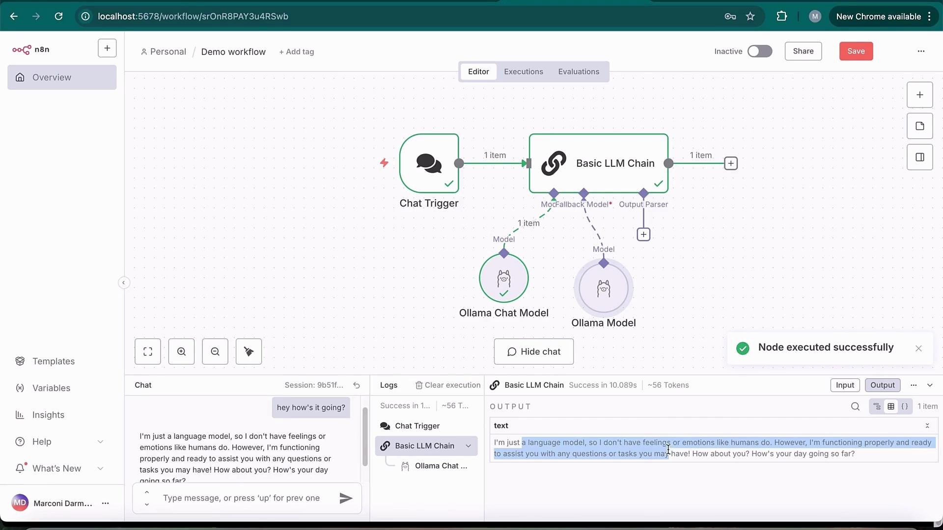 The image shows a workflow interface in a software application, featuring a chat trigger connected to two models (Ollama Chat Model and Ollama Model) through a basic LLM chain. There is a chat log at the bottom displaying an interaction with the system.
