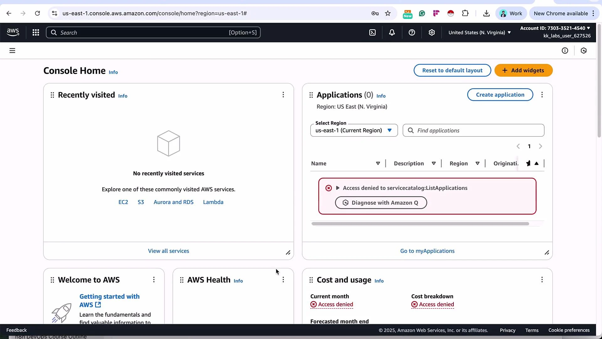 The image shows an AWS Console Home screen with no recently visited services, an "Access denied" alert for listing applications, and an option to diagnose with Amazon Q. The region is set to US East (N. Virginia).
