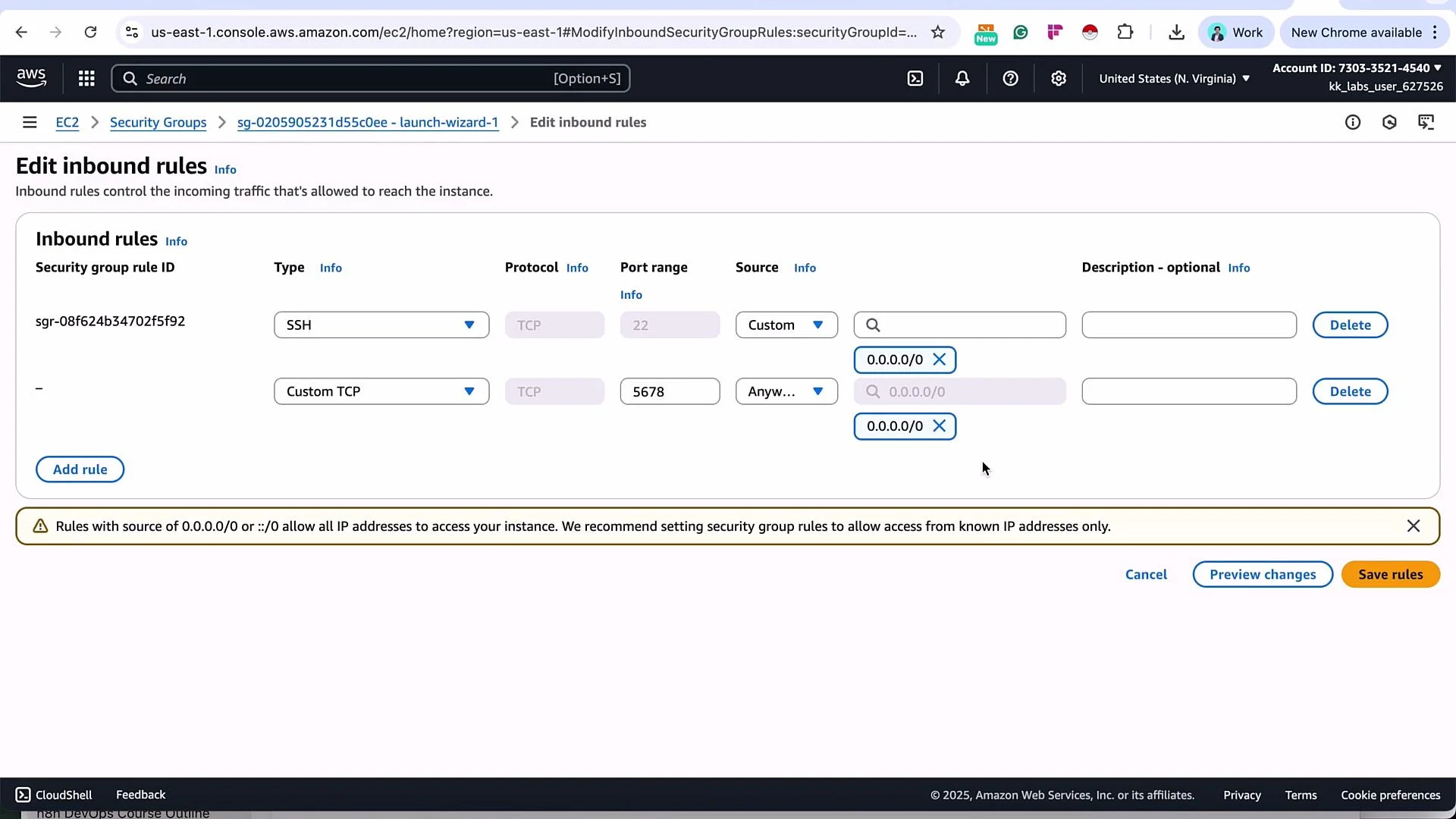 The image shows an AWS console screen where inbound rules for a security group are being edited, allowing SSH and custom TCP traffic from any IP address. There is a warning about allowing access from all IP addresses.