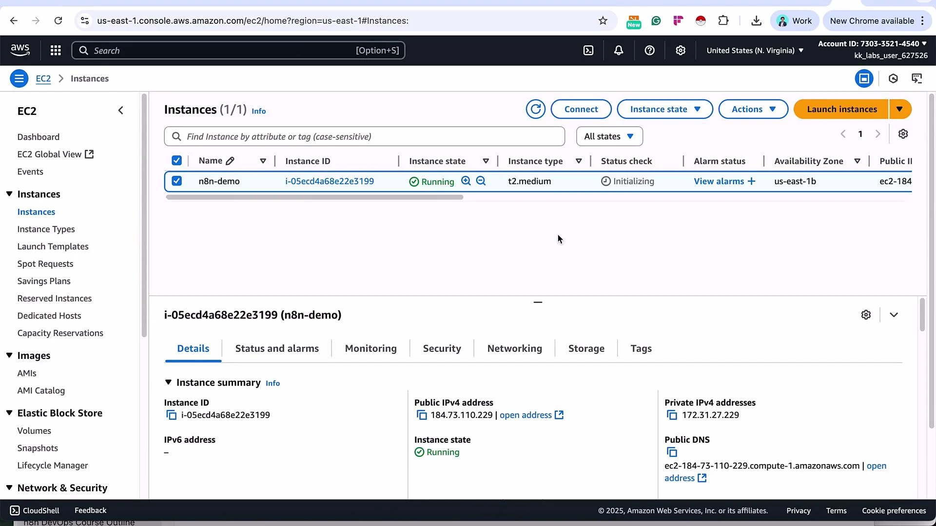 The image shows an AWS EC2 Management Console with one instance running, labeled "n8n-demo," providing details such as instance ID, type, state, and IP addresses.