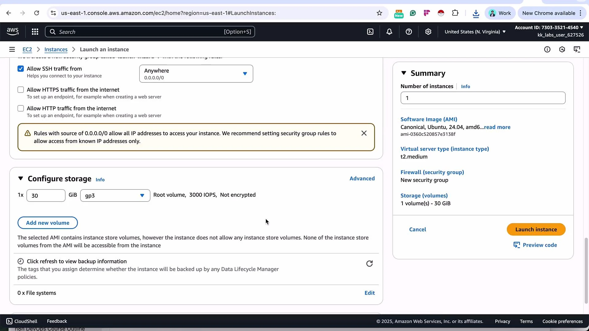 The image shows an AWS EC2 dashboard with options to configure and launch an instance, including security group and storage settings.