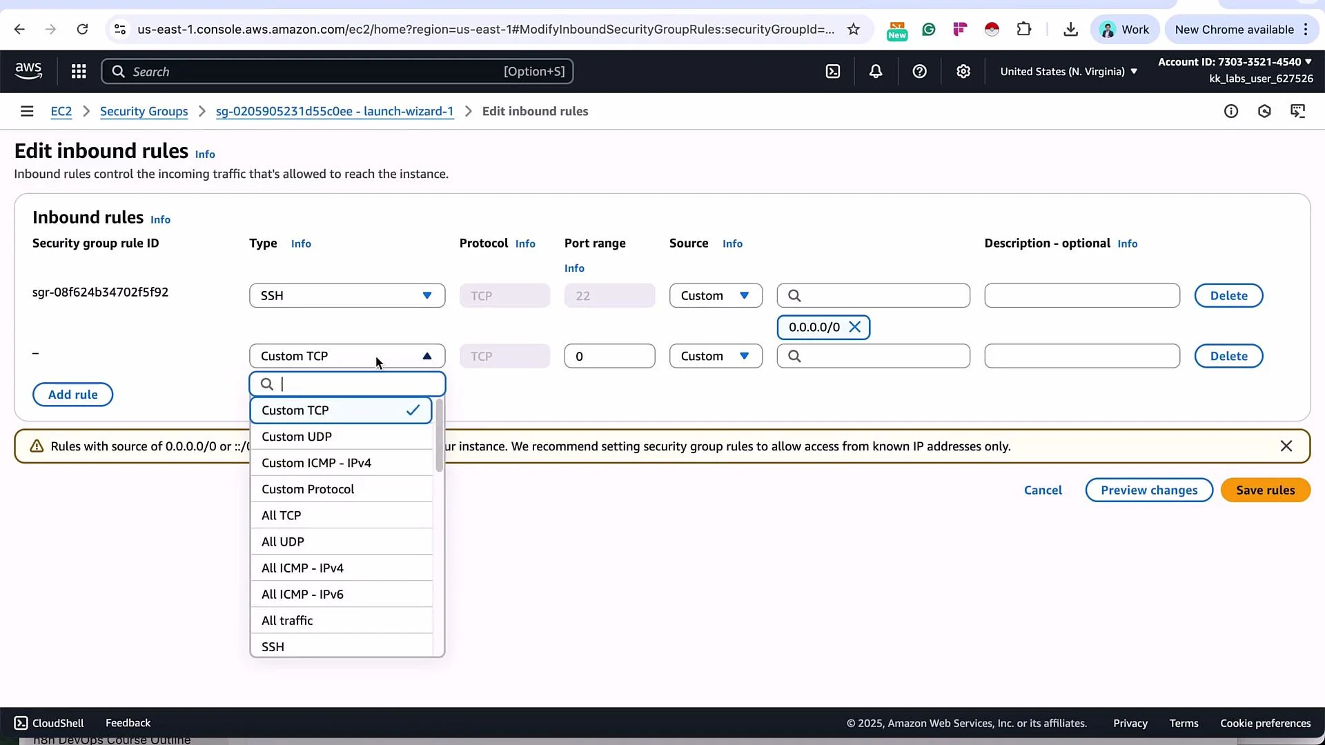 The image shows the AWS EC2 console's "Edit inbound rules" page, where a user is configuring security group rules for inbound traffic. Options for protocol types like TCP and UDP are being selected from a dropdown menu.