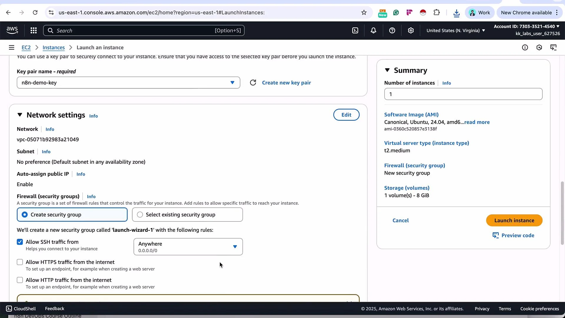 The image shows an AWS EC2 instance launch configuration screen, detailing network settings, key pair setup, security groups, and a summary of the selected instance details. Options for creating or selecting a security group and allowing SSH and HTTP traffic are visible.