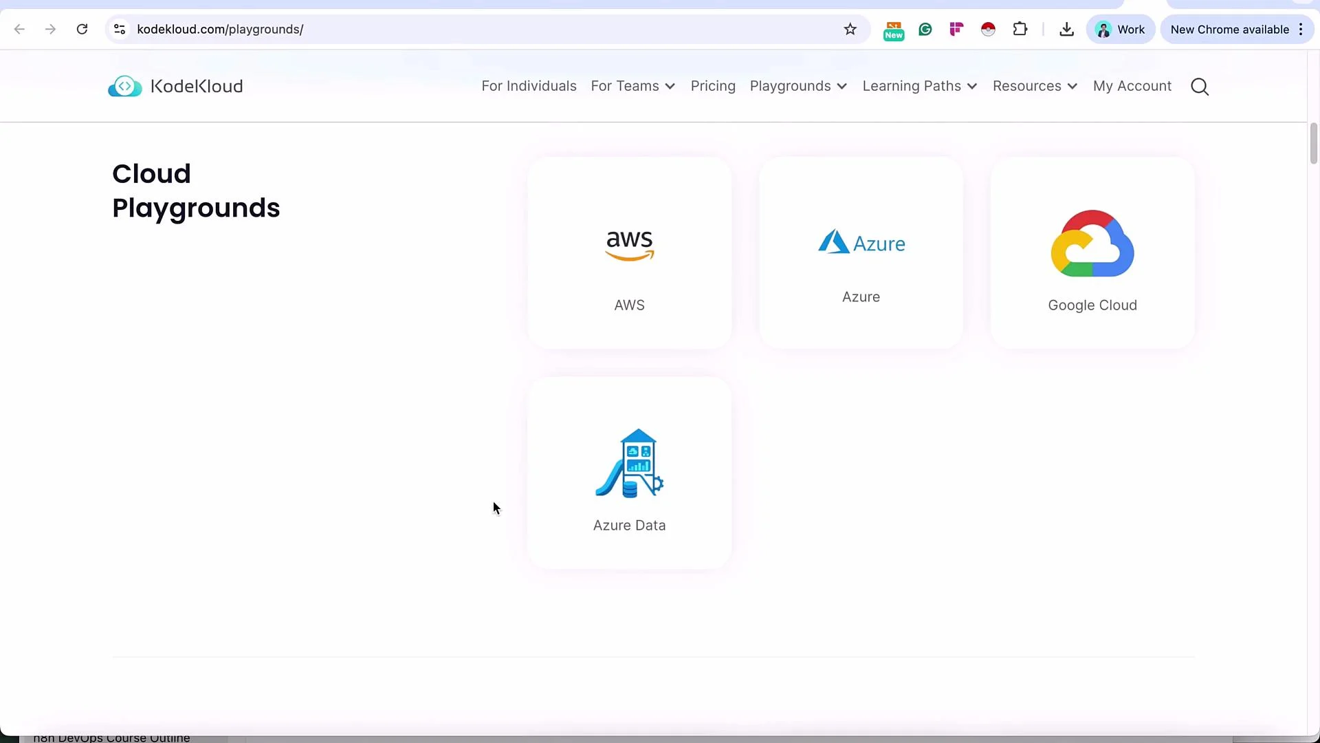 The image shows a webpage from KodeKloud titled "Cloud Playgrounds," featuring interactive options for AWS, Azure, Google Cloud, and Azure Data services.