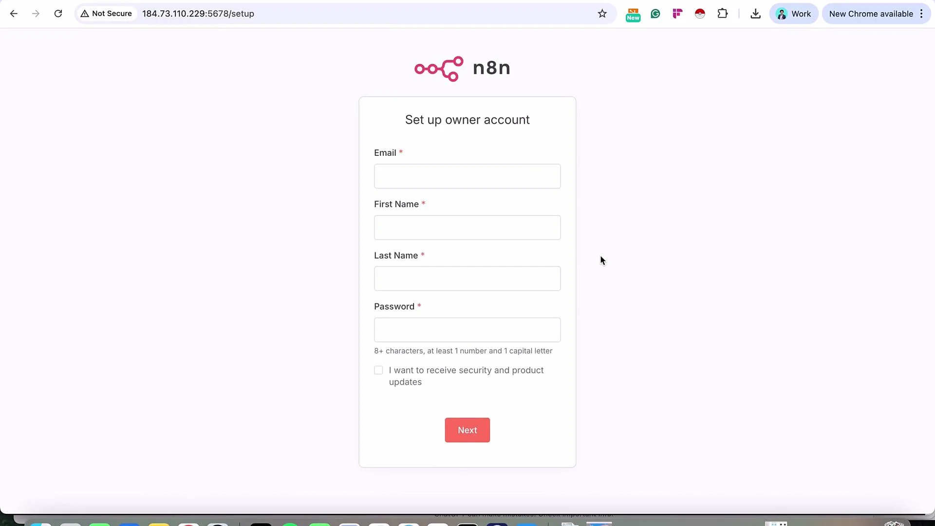 The image shows a setup page for creating an owner account on n8n, requiring email, first name, last name, and password details. There's also an option to receive security and product updates.