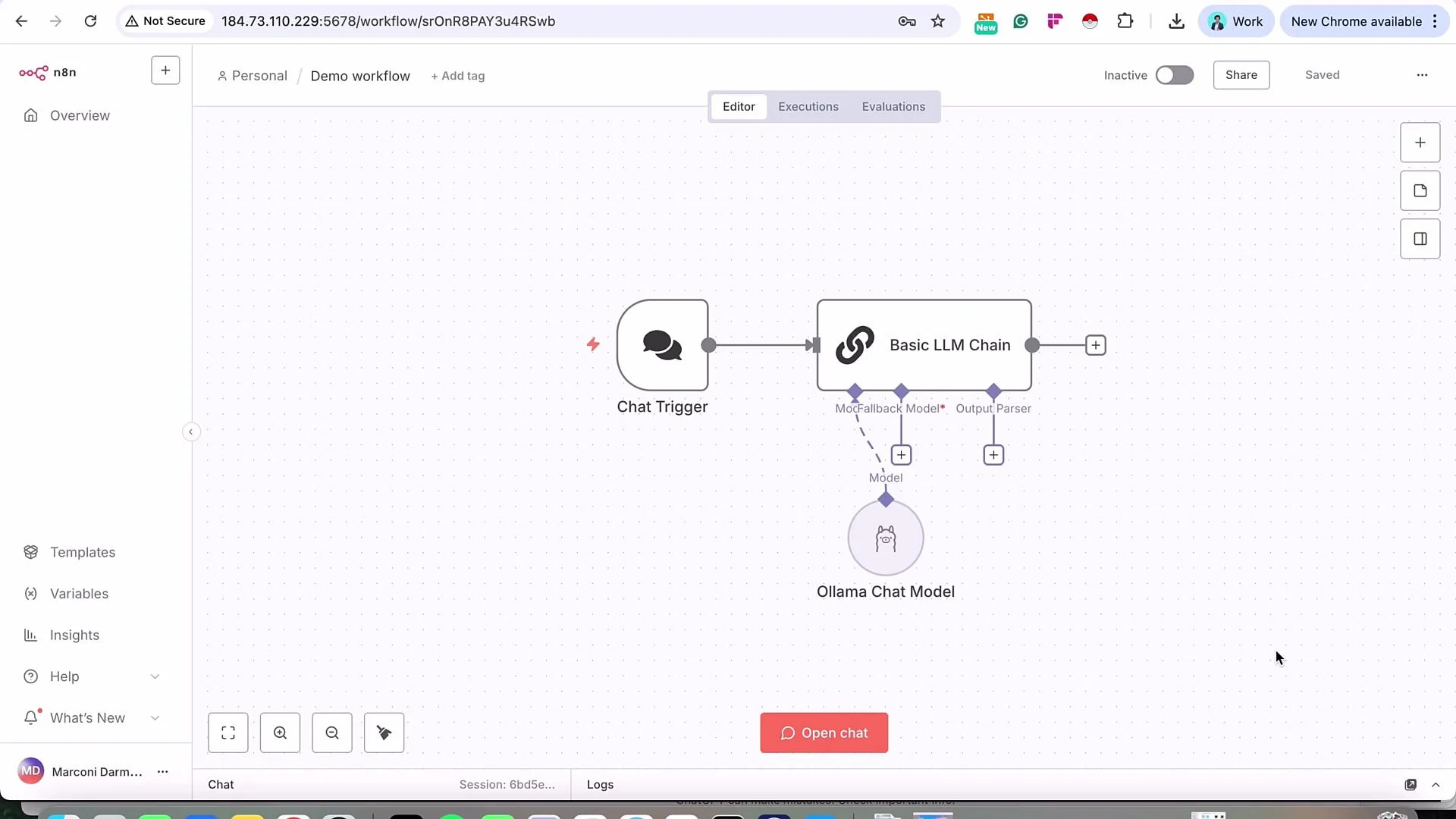 The image shows a workflow editor interface with components connected in a sequence, including a "Chat Trigger," "Basic LLM Chain," and "Ollama Chat Model." The layout is part of a software tool for creating automated processes.