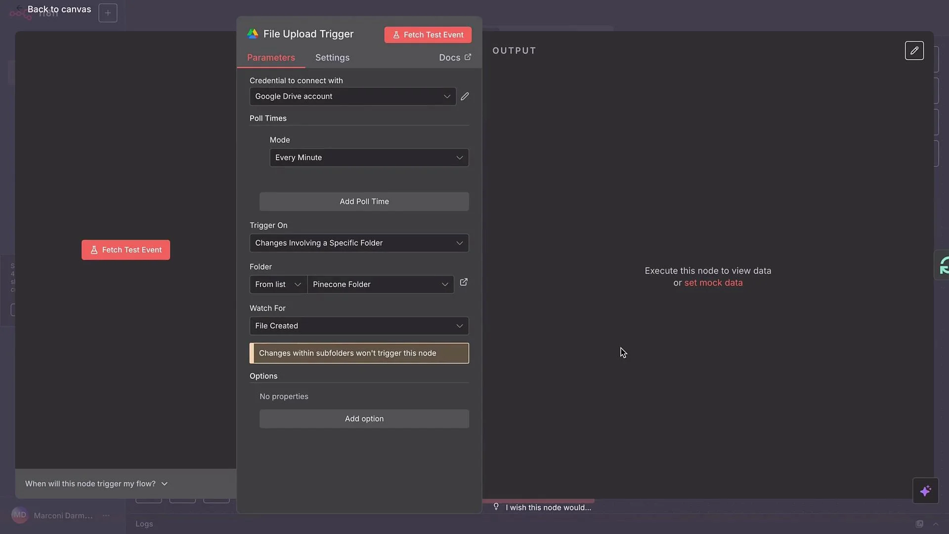 This image shows a software interface for setting up a "File Upload Trigger" with parameters including folder selection, polling mode, and options for changes involving a specific folder.