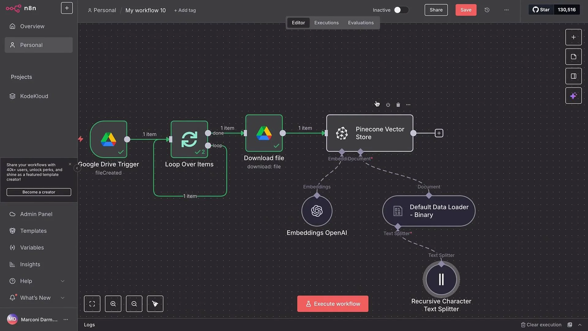 The image shows a workflow in n8n, a workflow automation tool, featuring nodes like Google Drive Trigger, Loop Over Items, Pinecone Vector Store, and Embeddings OpenAI, interconnected to process files and store data. The interface includes options for execution control and navigation.