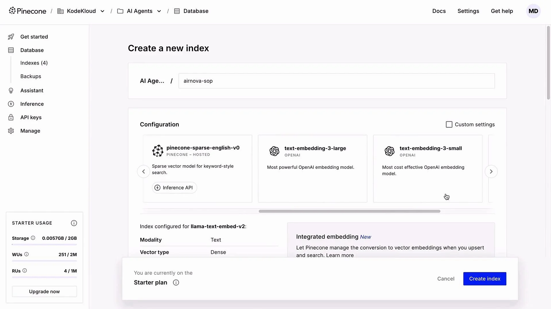 The image shows a Pinecone interface for creating a new index, featuring configuration options for embedding models. There are starter usage details and a button to create the index.