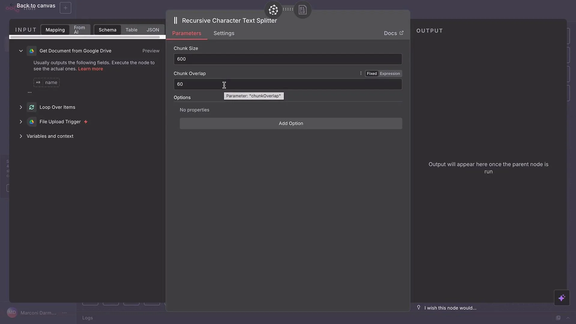 The image shows a software interface with a "Recursive Character Text Splitter" configuration, including parameters for chunk size and overlap. There are sections for inputs on the left and an output section on the right.
