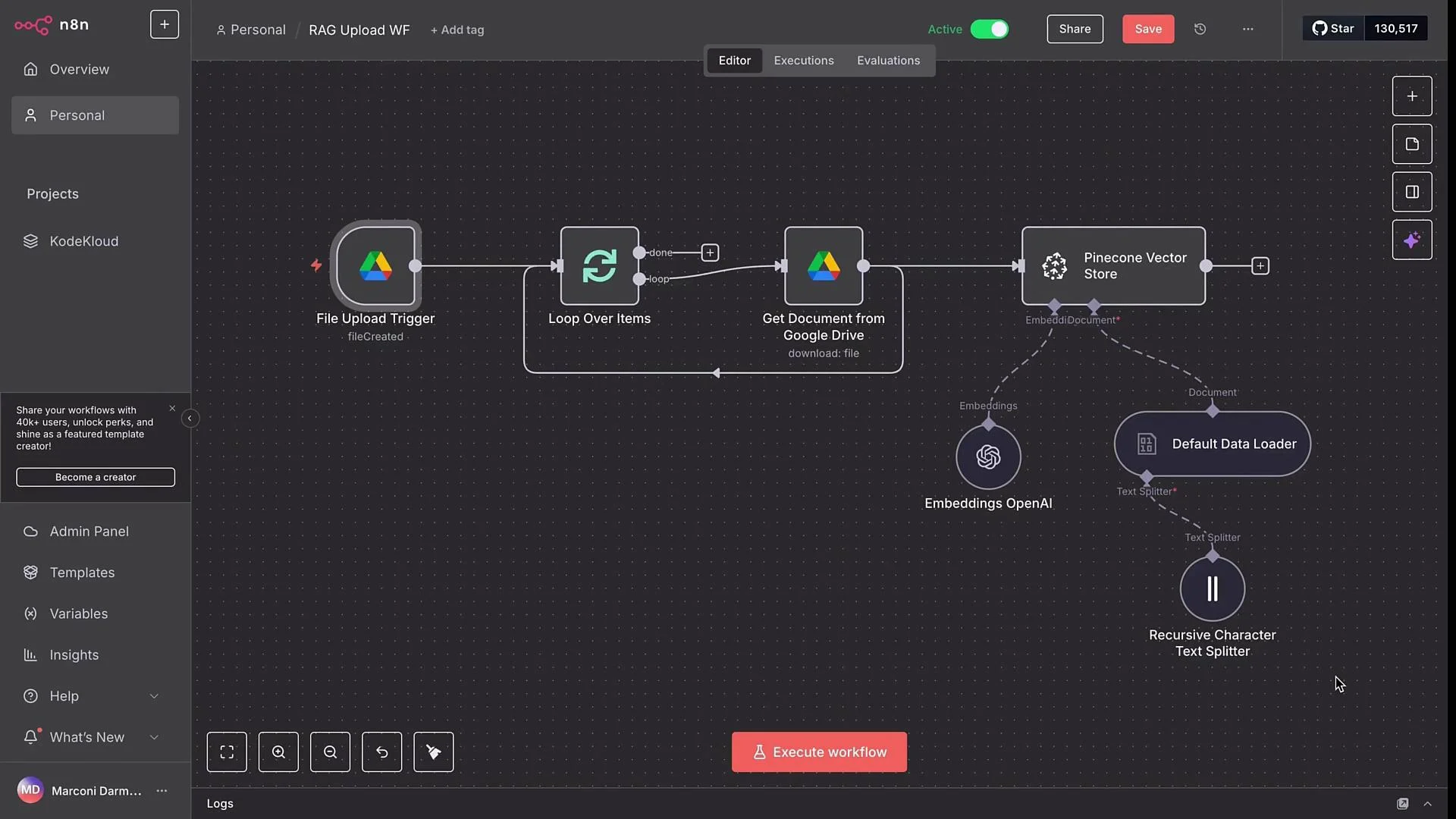 The image shows a workflow diagram in a software interface with nodes connected to perform tasks, including a file upload trigger, looping over items, getting documents from Google Drive, using OpenAI for embeddings, and storing vectors in Pinecone.