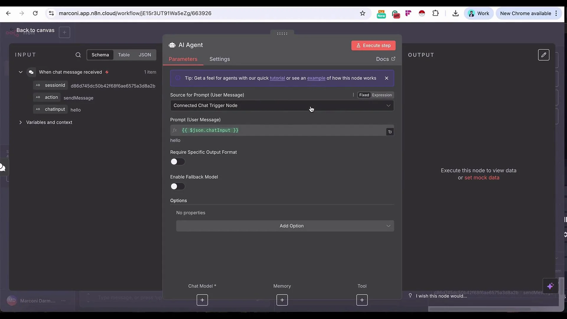 The image shows a screenshot of a workflow interface from an application named Marconi, featuring AI agent settings with parameters for chat message handling and a prompt configuration for processing input messages.