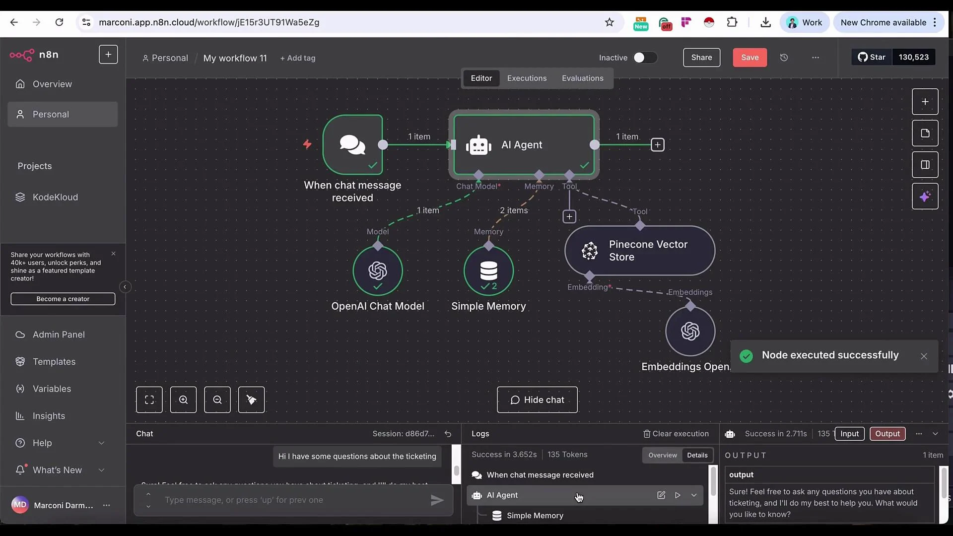The image shows a workflow diagram in n8n, featuring elements like an AI agent, OpenAI chat model, simple memory, and Pinecone vector store. It appears to be a setup for managing chat messages with AI and storing data.