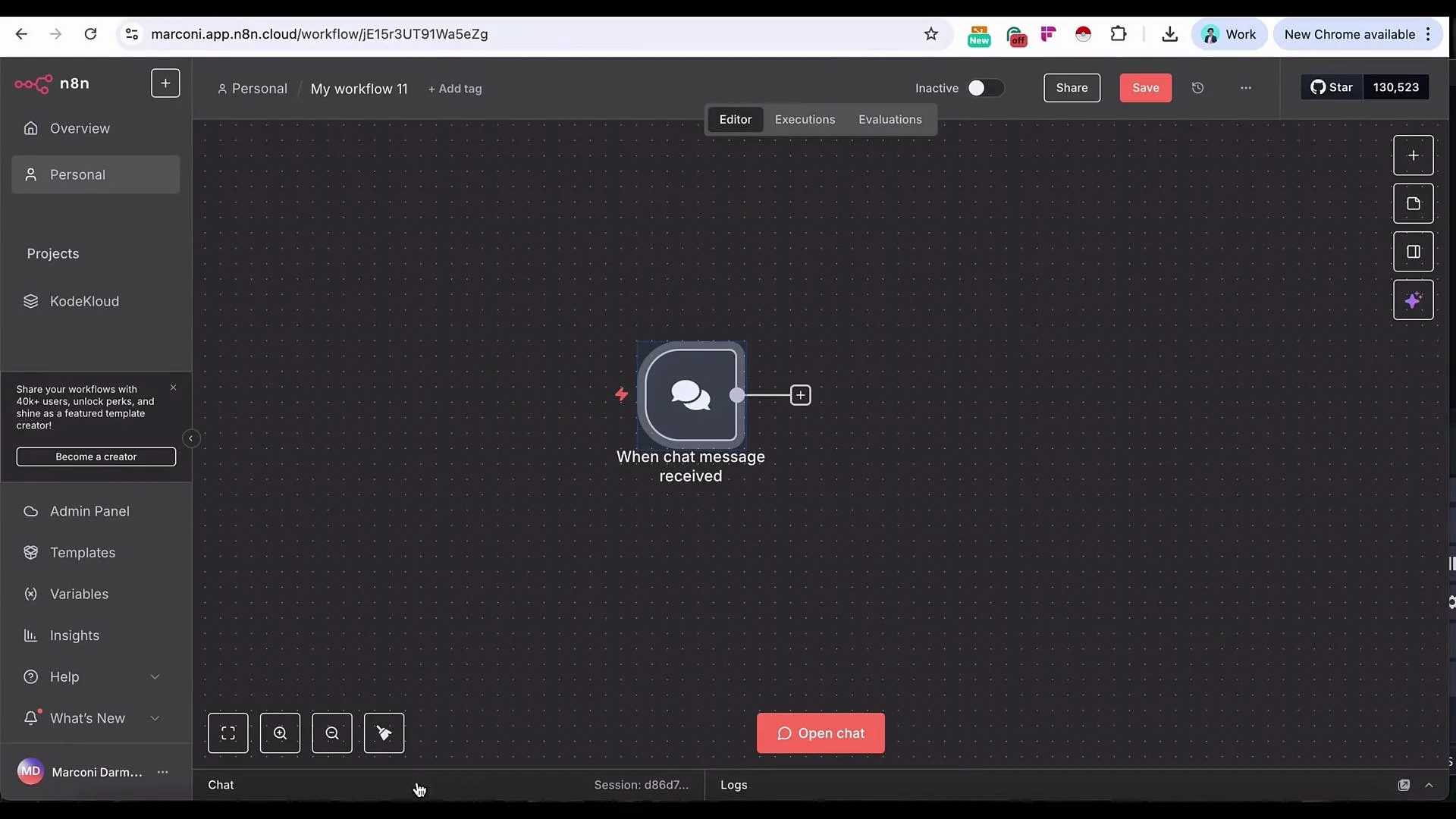 The image shows a workflow editor interface from a web application called n8n. It displays a single node labeled "When chat message received" on a grid background, with a sidebar menu on the left.