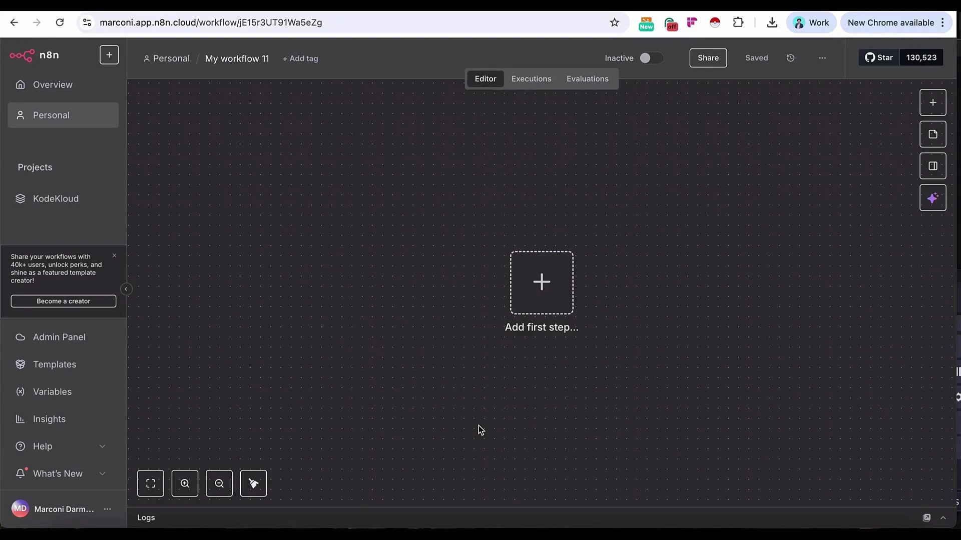 The image shows the n8n workflow editor interface with an option to add a new step. The sidebar on the left contains navigation options like Overview, Projects, Admin Panel, and Templates.