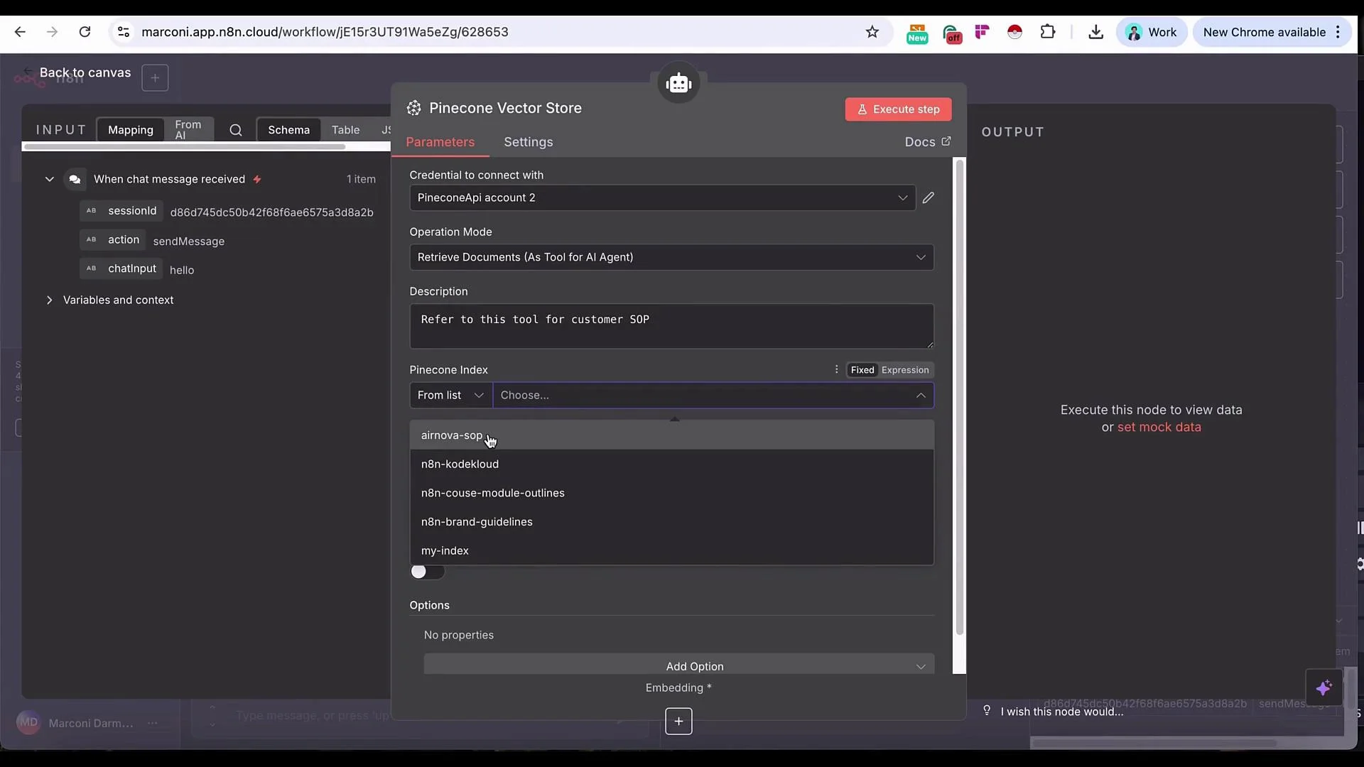 The image shows a user interface for configuring a Pinecone Vector Store, with options to set parameters for retrieving documents based on chat message events.