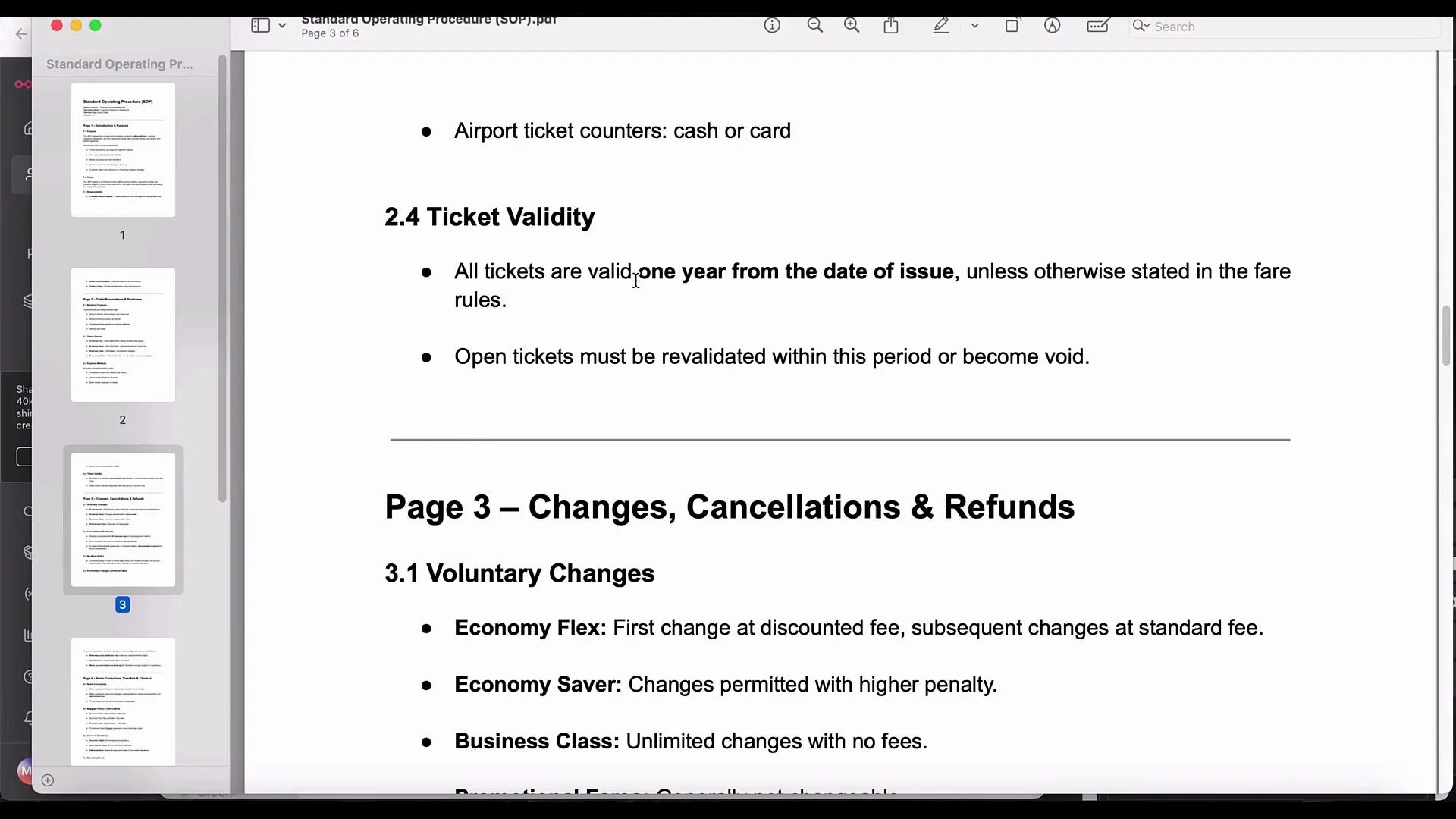 The image shows a PDF document outlining ticket validity and changes, cancellations, and refund policies, including terms for Economy Flex, Economy Saver, and Business Class.