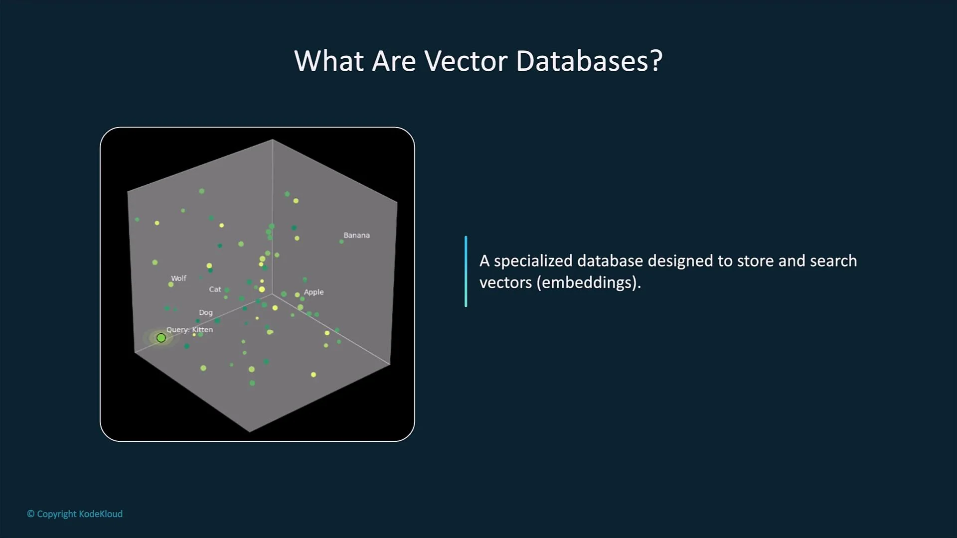 The image depicts a 3D plot showing various labeled points like "Wolf," "Cat," and "Apple," demonstrating vectors in space, alongside text explaining that vector databases are specialized for storing and searching vectors (embeddings).