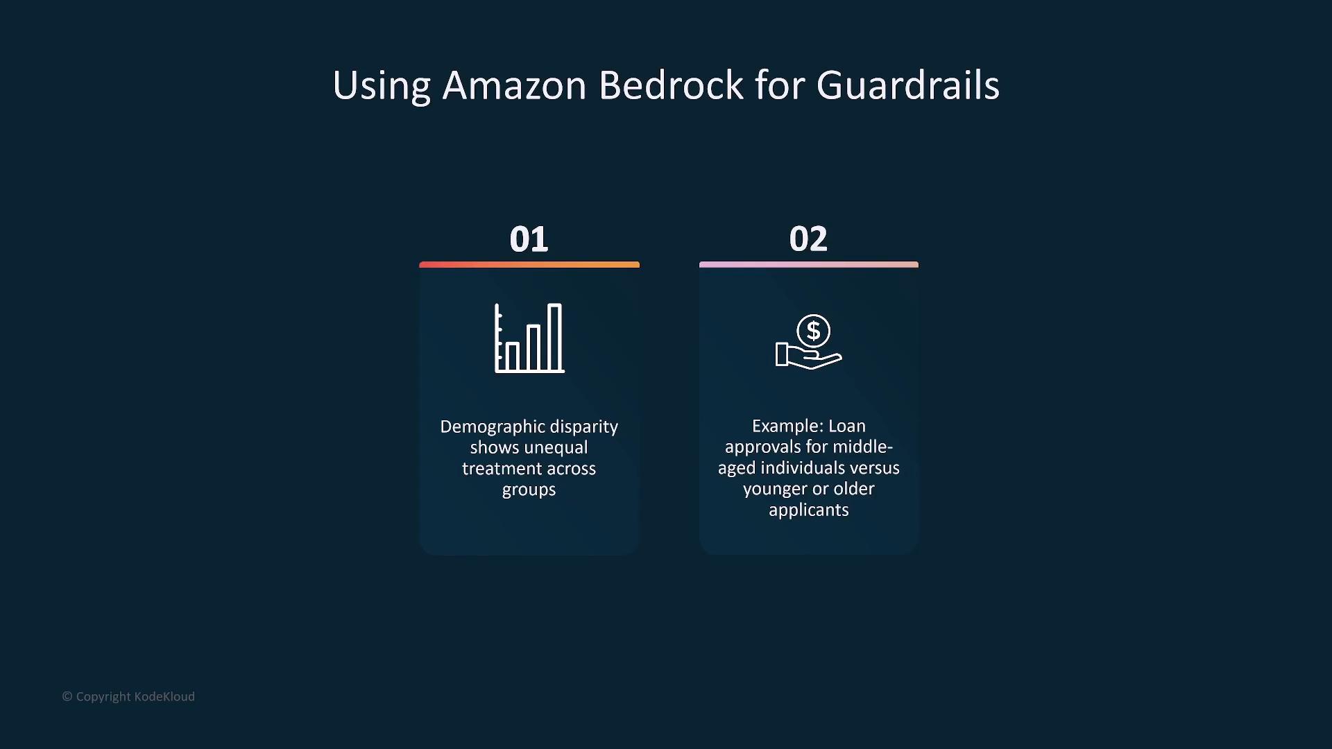 A presentation slide titled "Using Amazon Bedrock for Guardrails" showing two numbered panels: one with a bar-chart icon about demographic disparity and unequal treatment, and the other with a hand-and-dollar icon giving an example of age-based differences in loan approvals.