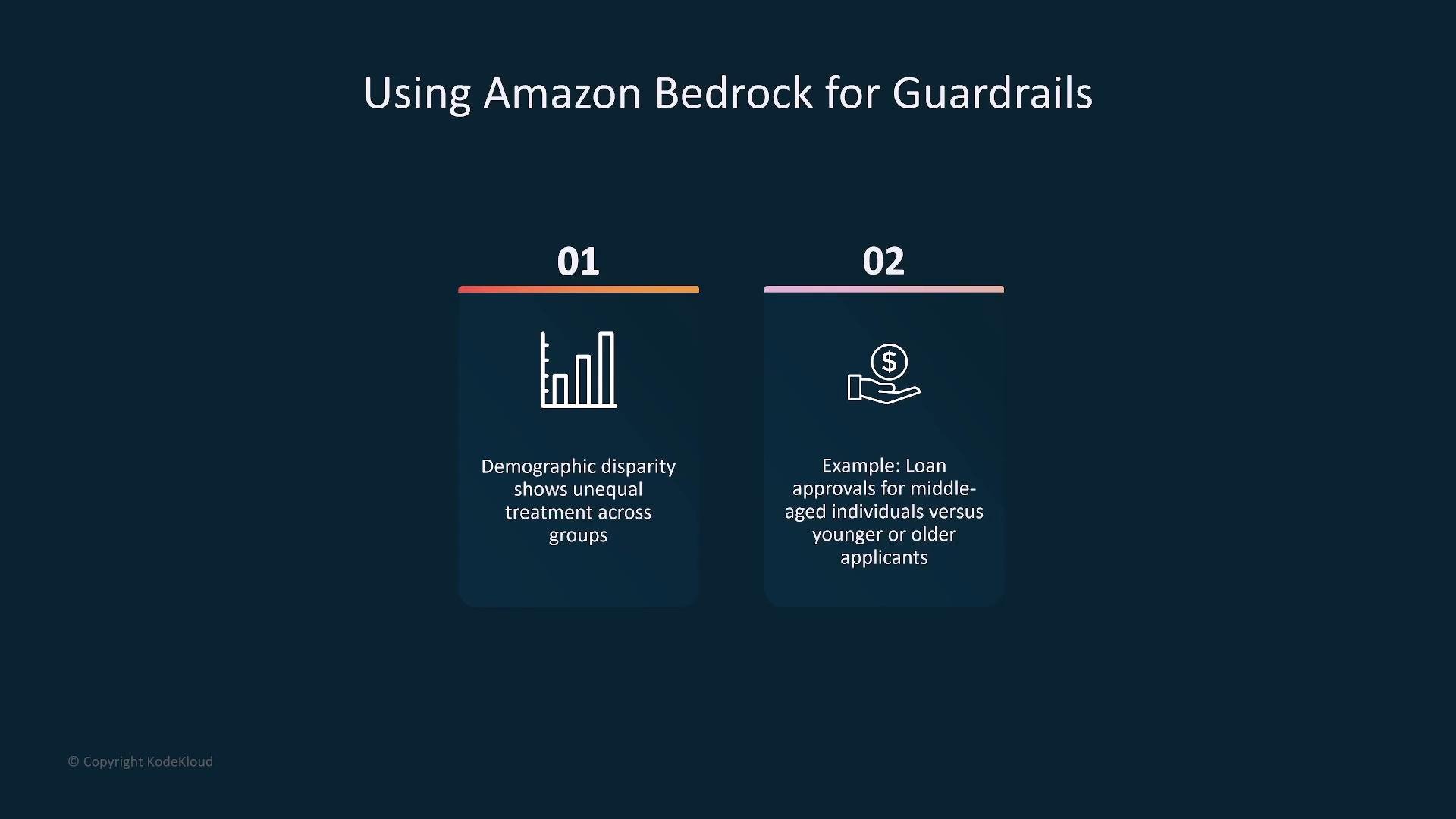 A presentation slide titled "Using Amazon Bedrock for Guardrails" showing two numbered panels: one with a bar-chart icon about demographic disparity and unequal treatment, and the other with a hand-and-dollar icon giving an example of age-based differences in loan approvals.