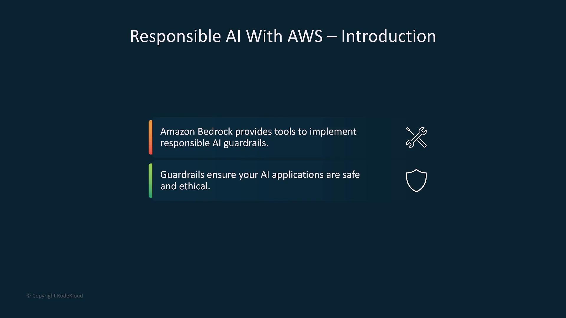 A presentation slide titled "Responsible AI With AWS – Introduction." It says Amazon Bedrock provides tools to implement responsible AI guardrails and that guardrails ensure AI applications are safe and ethical, shown alongside wrench and shield icons.
