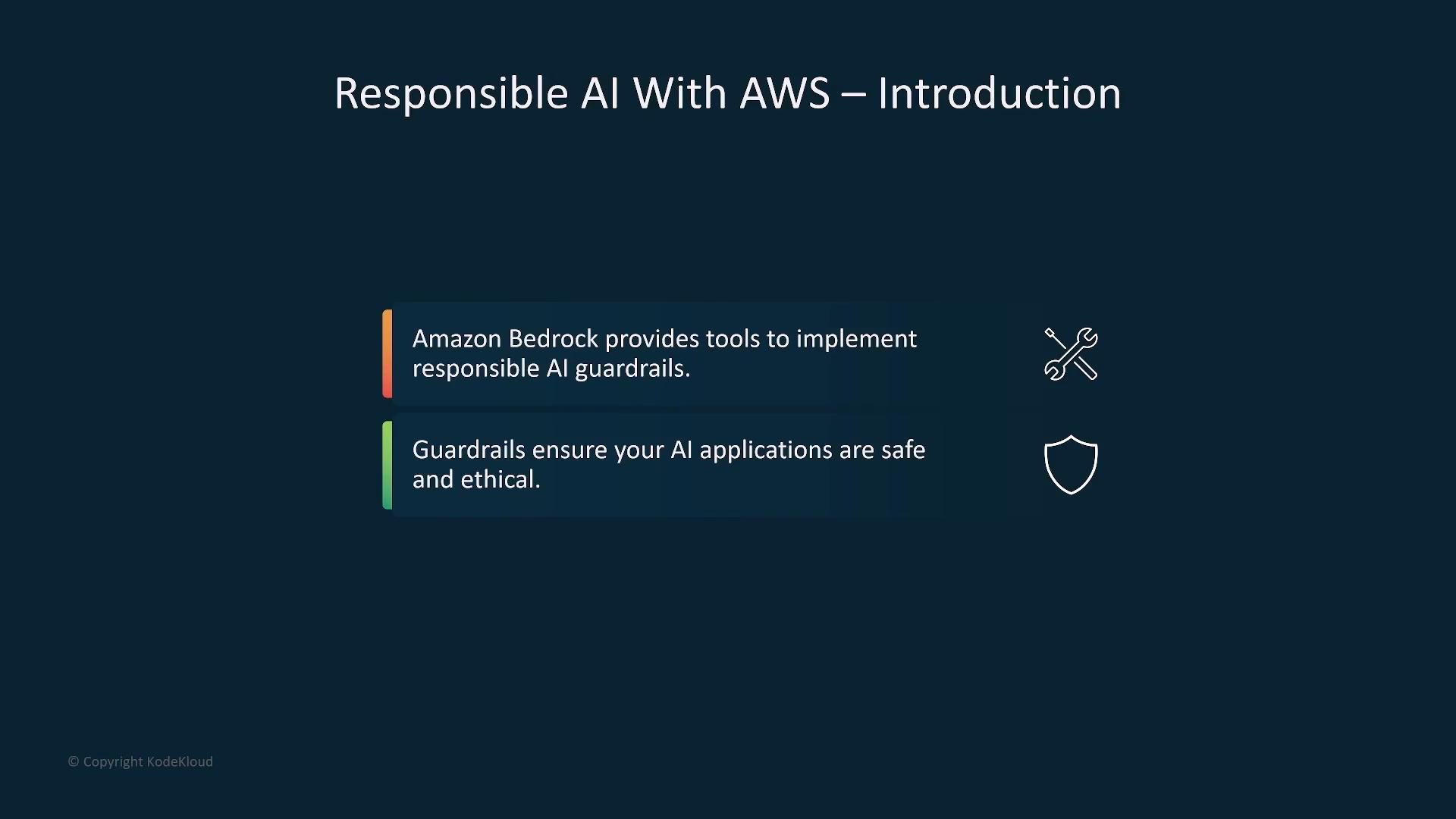 A presentation slide titled "Responsible AI With AWS – Introduction." It says Amazon Bedrock provides tools to implement responsible AI guardrails and that guardrails ensure AI applications are safe and ethical, shown alongside wrench and shield icons.