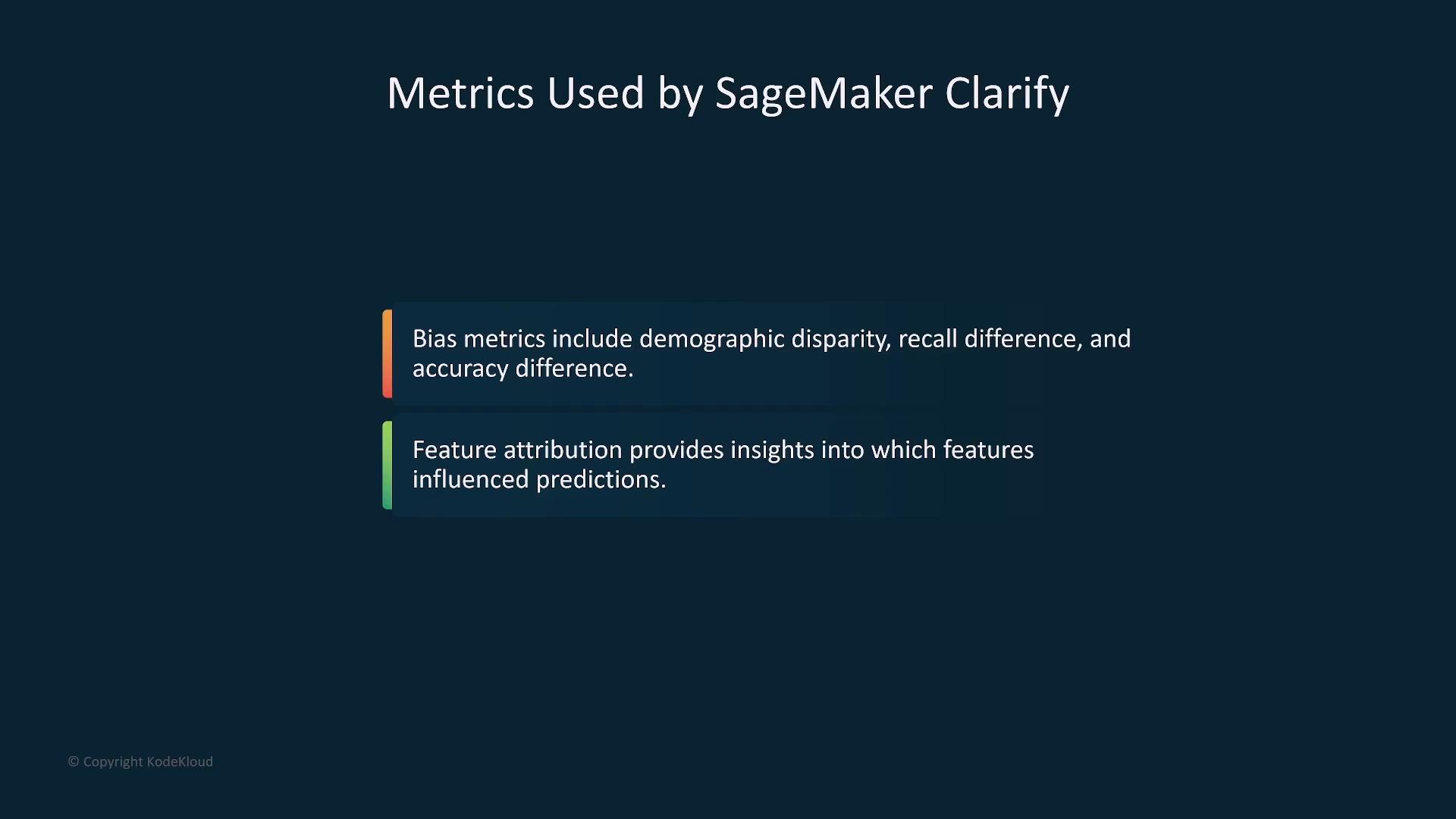 A presentation slide titled "Metrics Used by SageMaker Clarify." It notes bias metrics (demographic disparity, recall difference, accuracy difference) and that feature attribution shows which features influenced predictions.