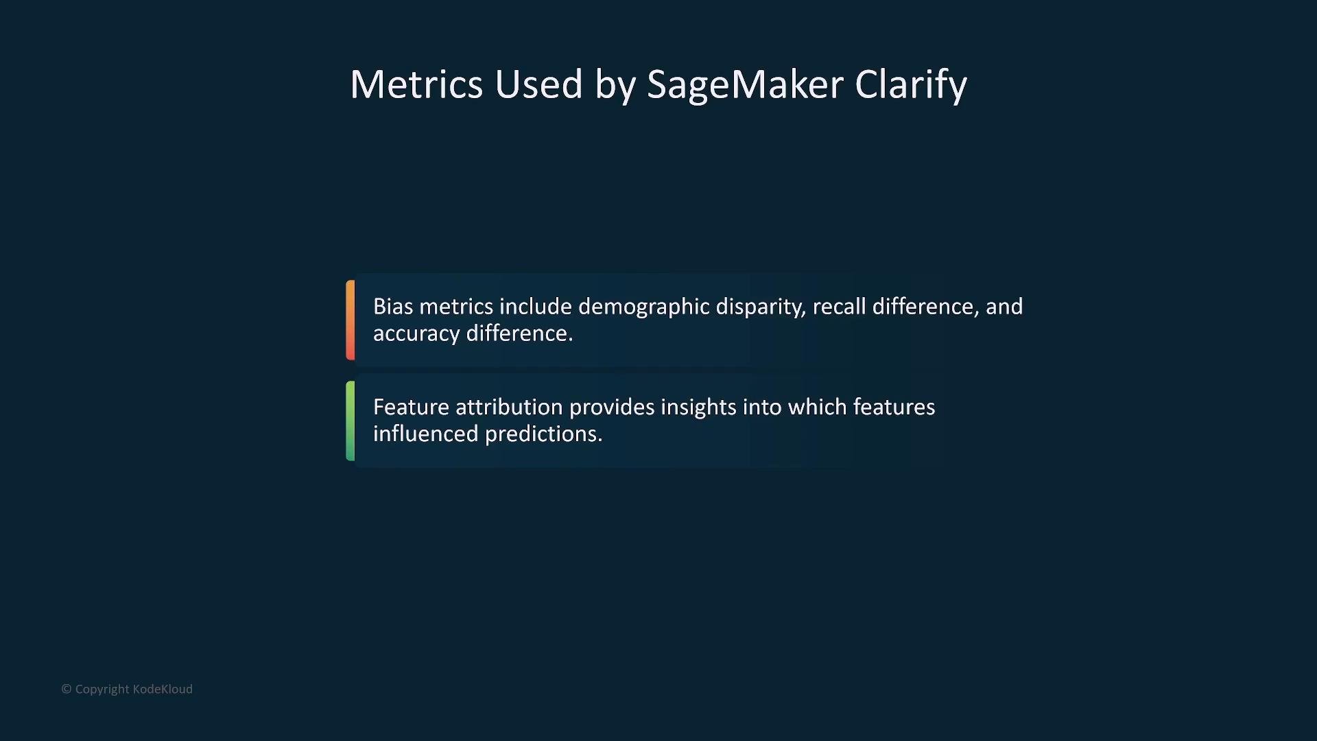 A presentation slide titled "Metrics Used by SageMaker Clarify." It notes bias metrics (demographic disparity, recall difference, accuracy difference) and that feature attribution shows which features influenced predictions.
