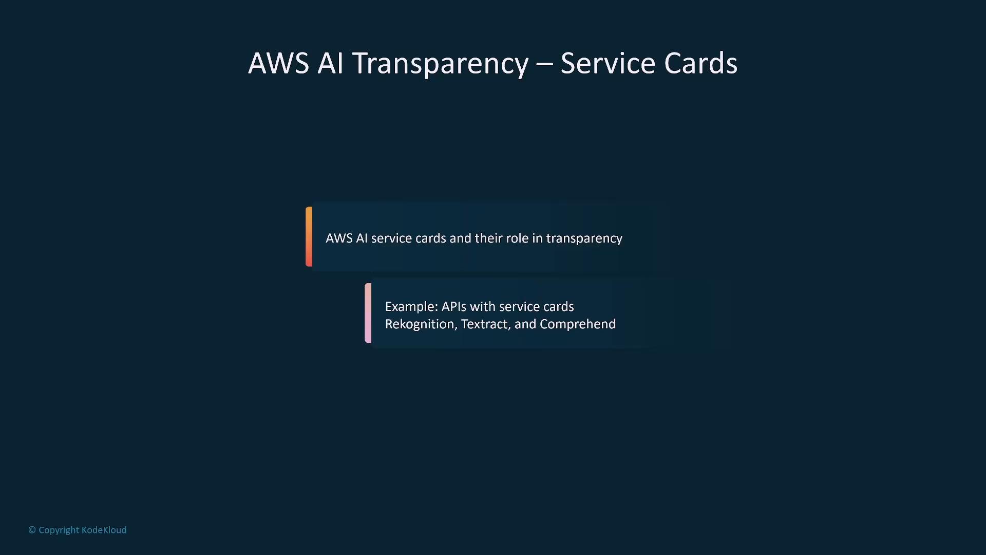 A dark presentation slide titled "AWS AI Transparency — Service Cards" showing two highlighted cards that explain the role of AWS AI service cards and list example APIs (Rekognition, Textract, and Comprehend).