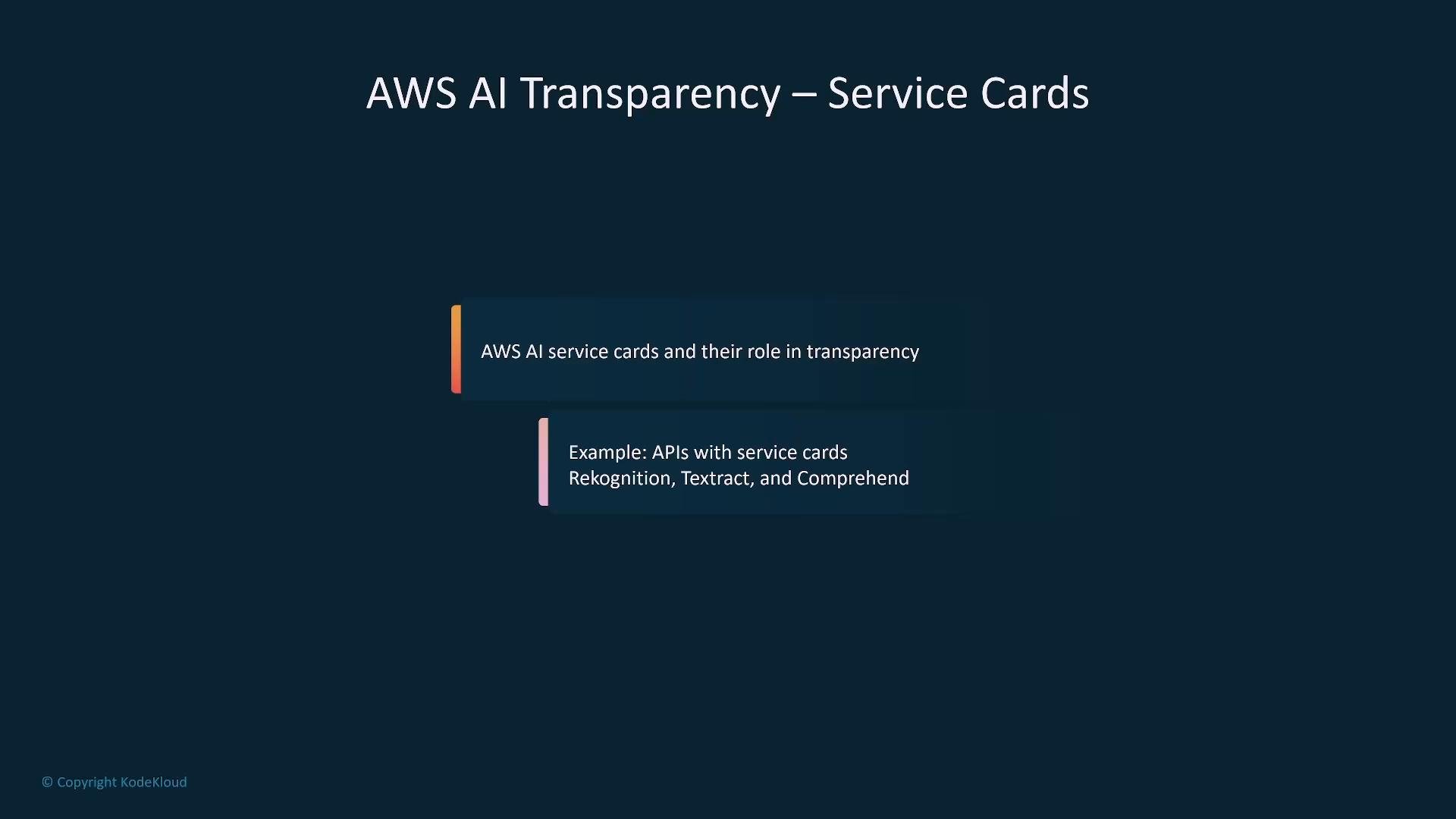 A dark presentation slide titled "AWS AI Transparency — Service Cards" showing two highlighted cards that explain the role of AWS AI service cards and list example APIs (Rekognition, Textract, and Comprehend).