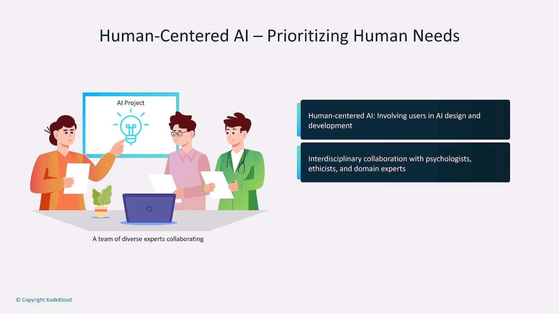 A presentation slide titled "Human-Centered AI – Prioritizing Human Needs" shows an illustration of three diverse experts collaborating in front of a screen labeled "AI Project." Two text boxes highlight involving users in AI design and interdisciplinary collaboration with psychologists, ethicists, and domain experts.
